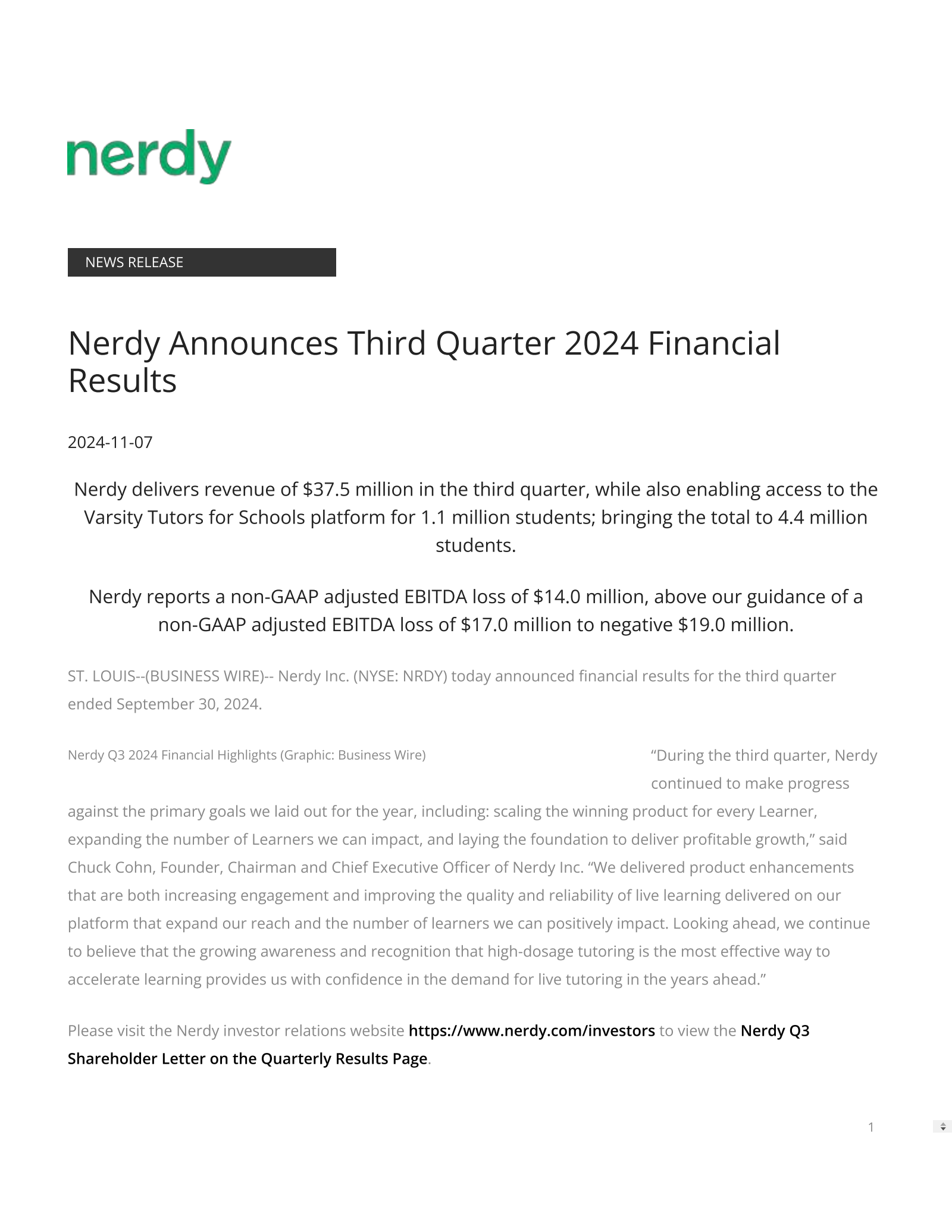 Nerdy's Q3 2024 Press Release