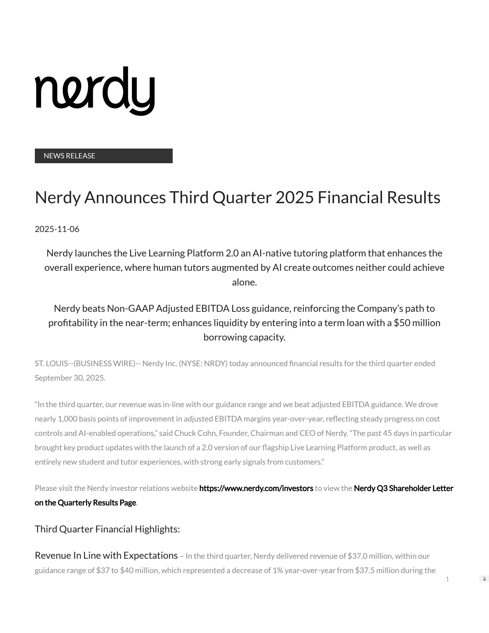 Nerdy's Q3 2025 Earnings Release