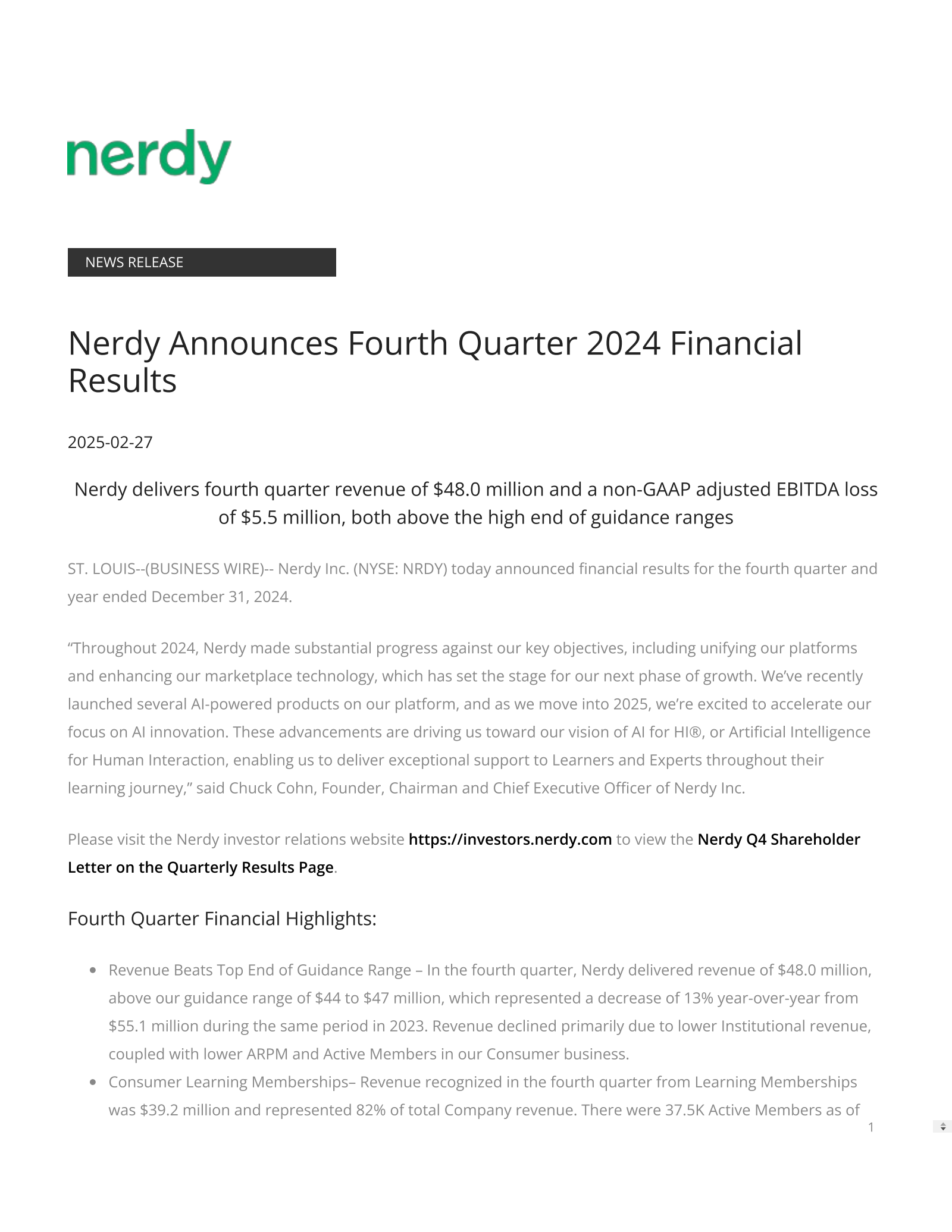 Nerdy's Q4 2024 Press Release