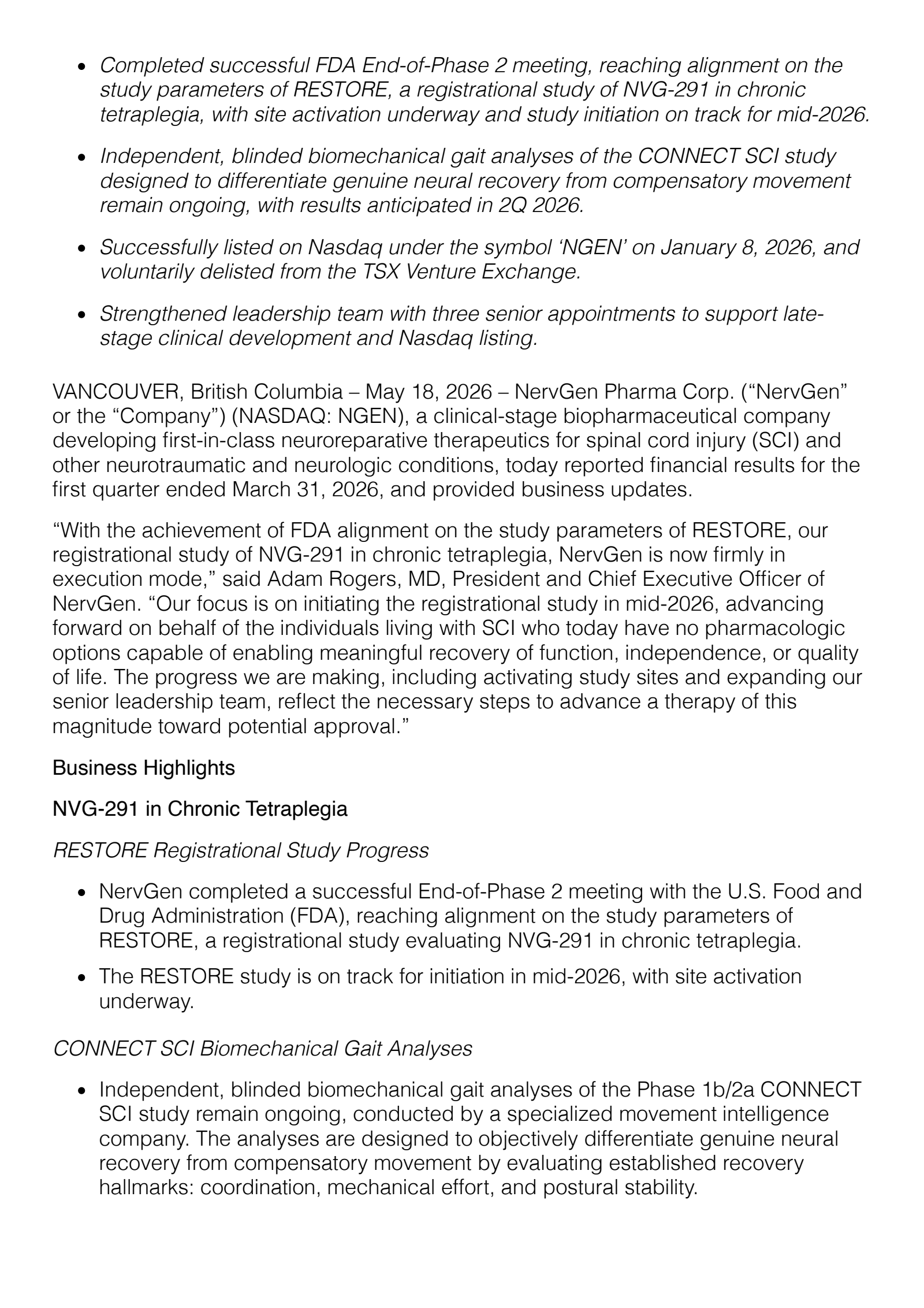 NervGen Pharma's Q1 2026 Press Release
