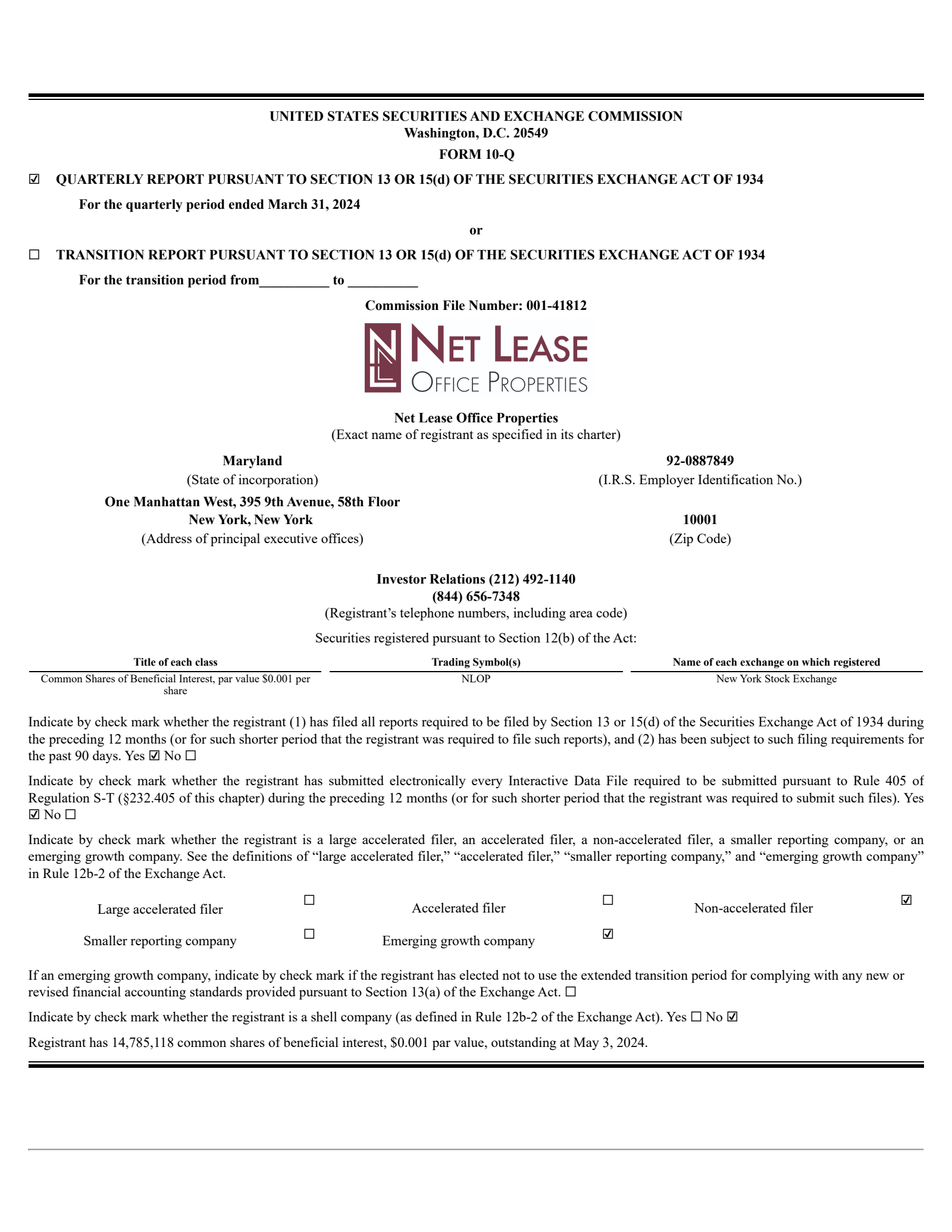 Net Lease Office Properties' Q1 2024 Quarterly Report