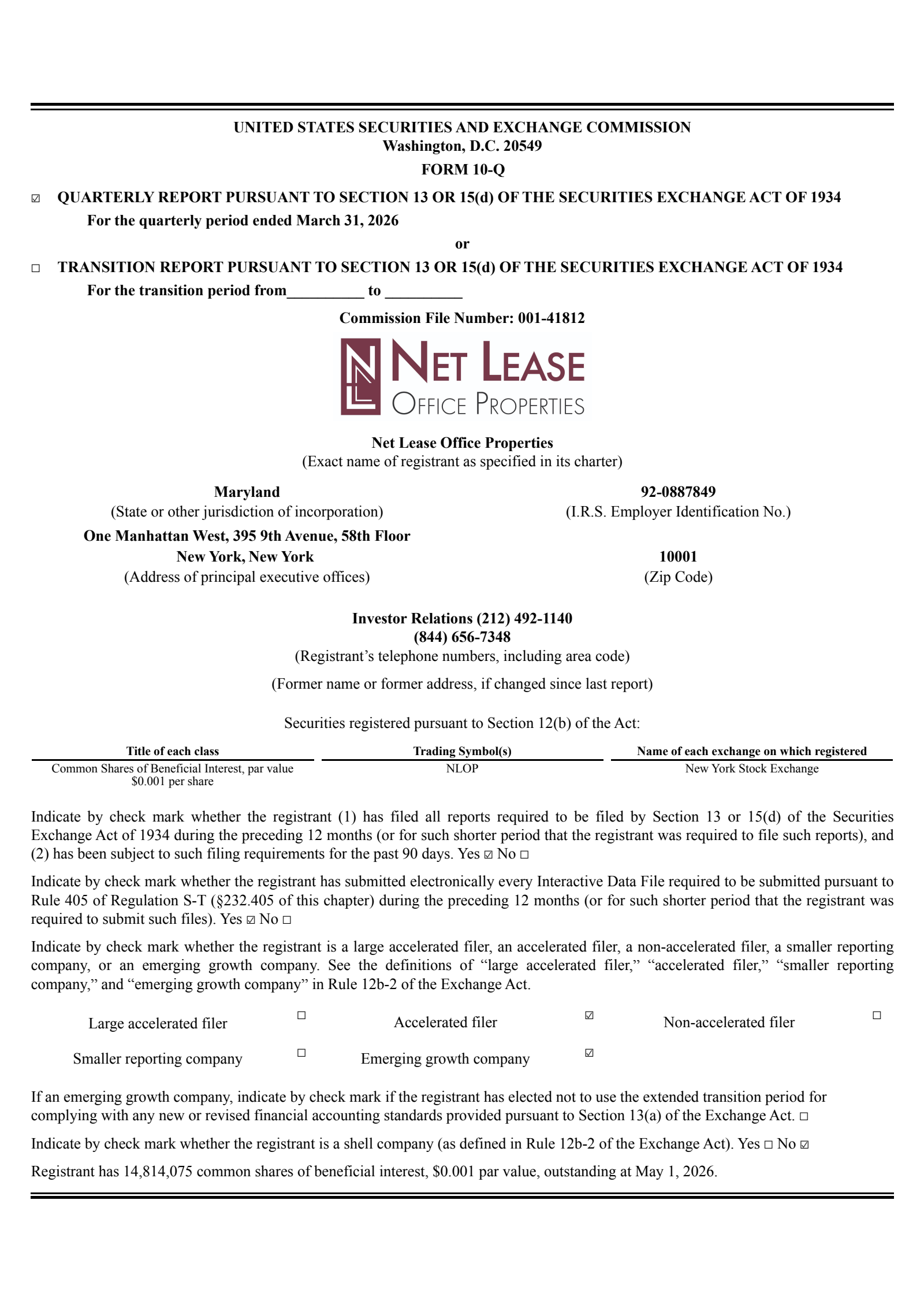 Net Lease Office Properties' Q1 2026 Quarterly report