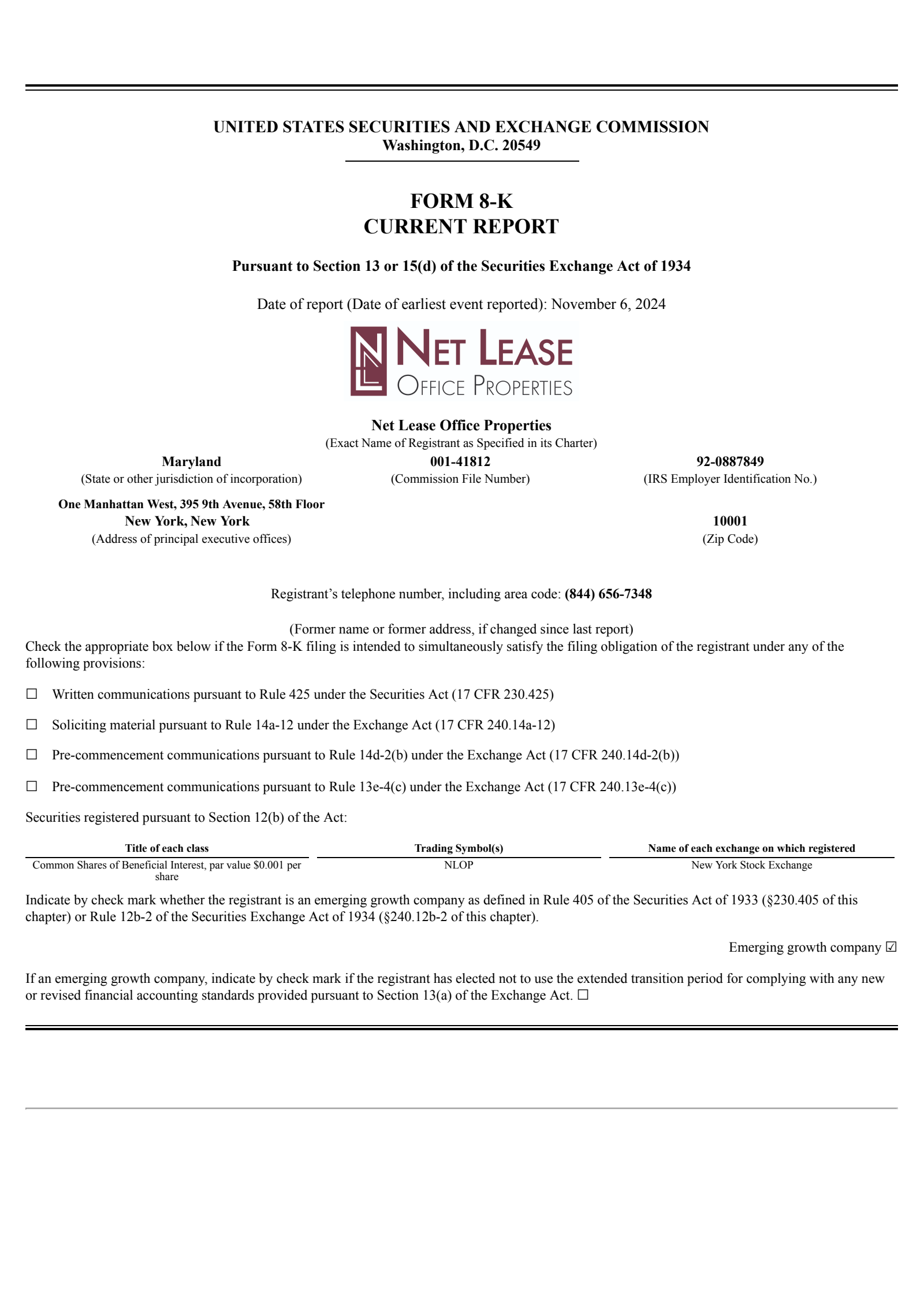 Net Lease Office Properties' Q3 2024 Earnings Release