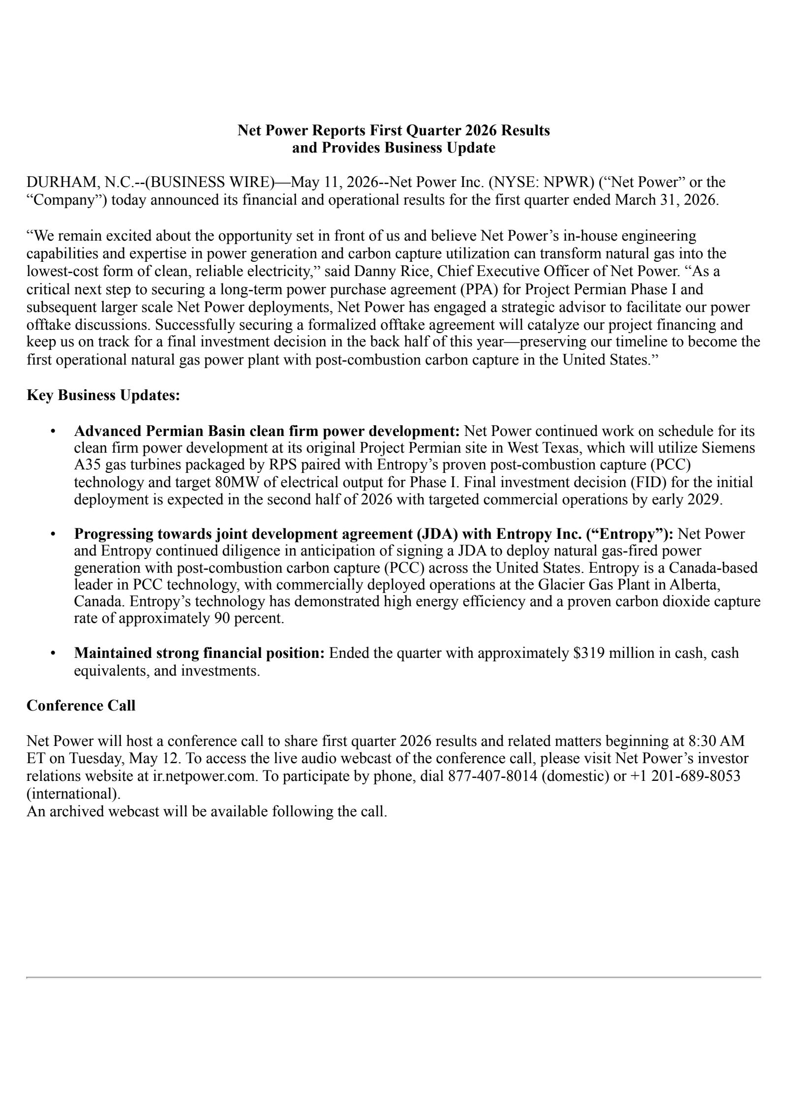 NET Power's Q1 2026 Press Release