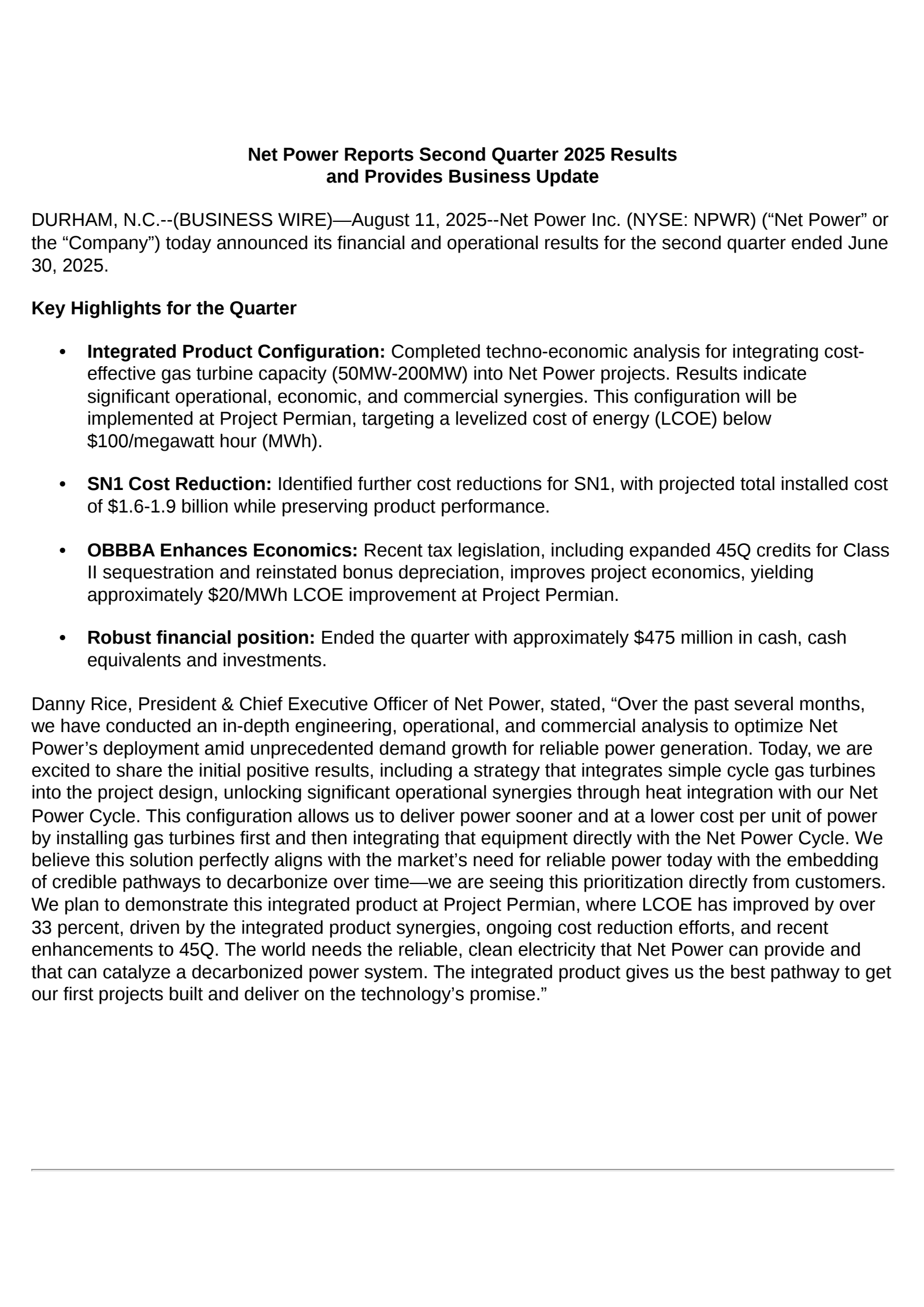 NET Power's Q2 2025 Press Release