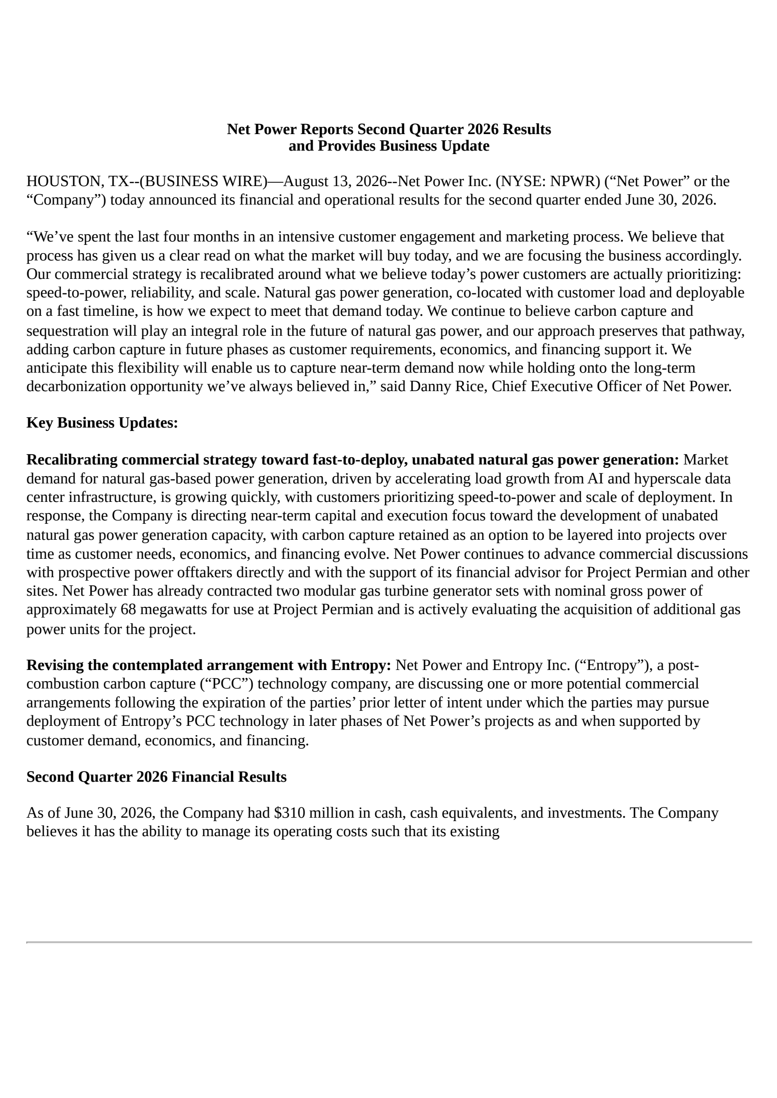 NET Power's Q2 2026 Press Release