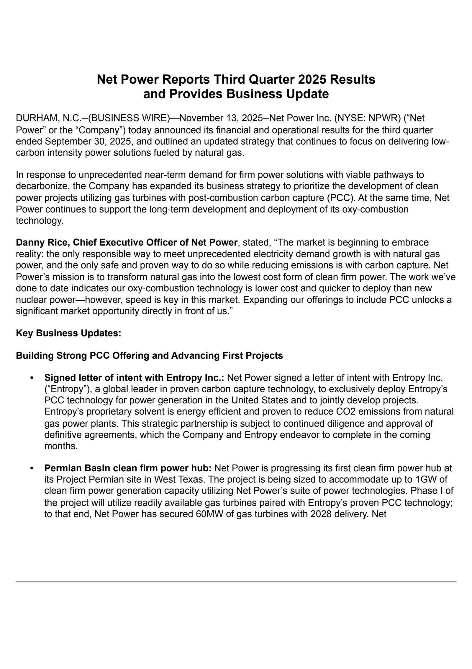NET Power's Q3 2025 Earnings Release