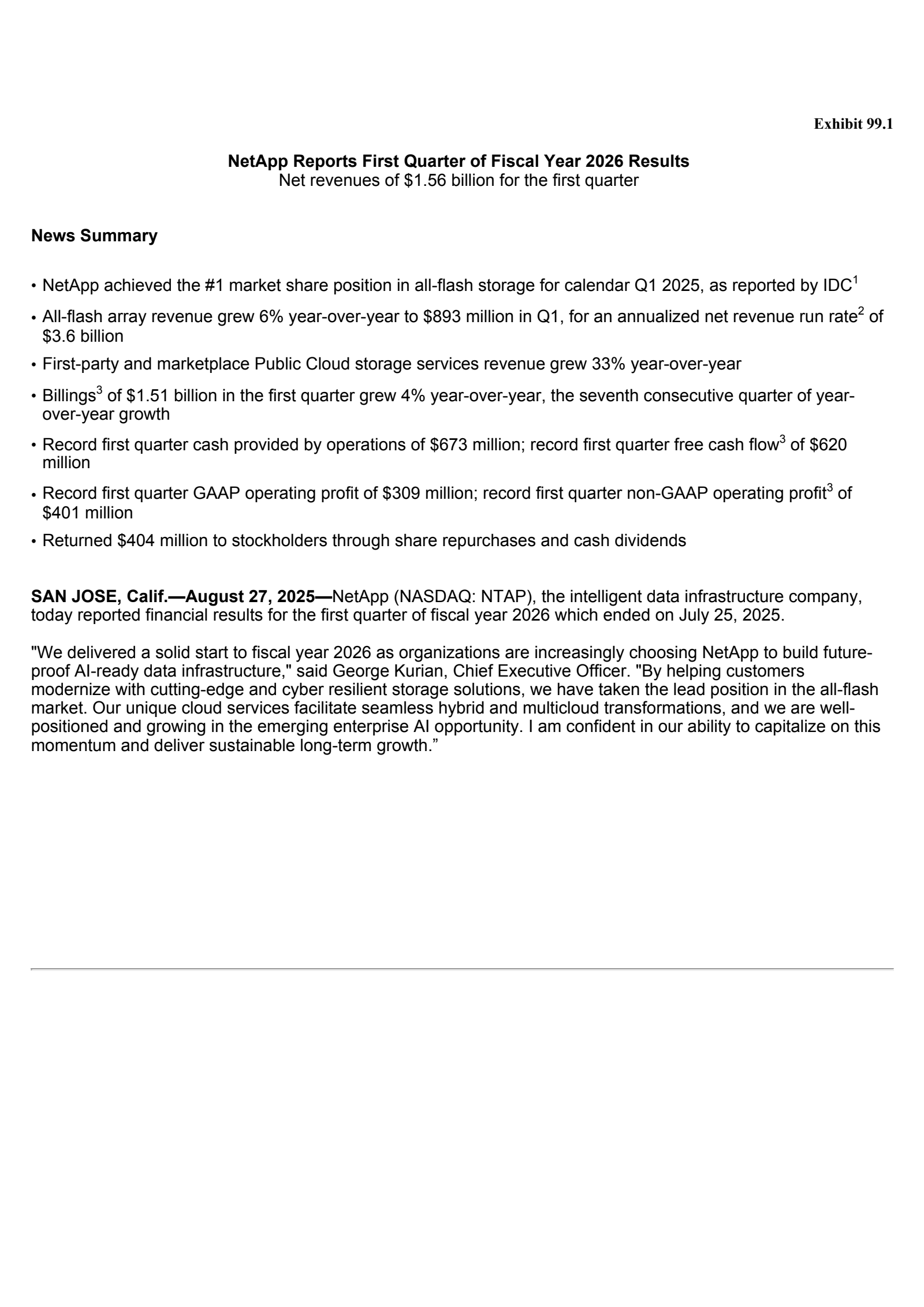 NetApp's Q1 2026 Press Release
