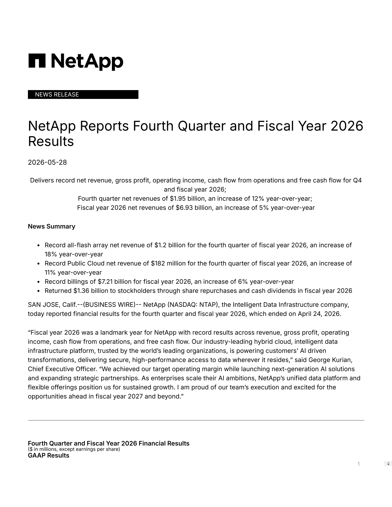 NetApp's Q4 2026 Press Release