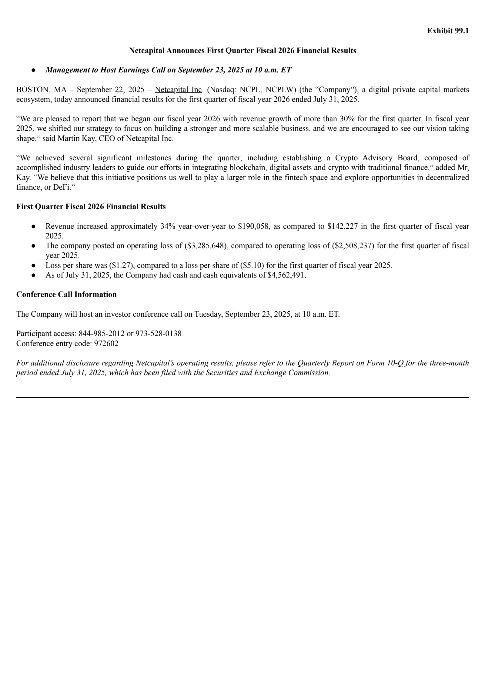 Netcapital's Q1 2026 Earnings Release