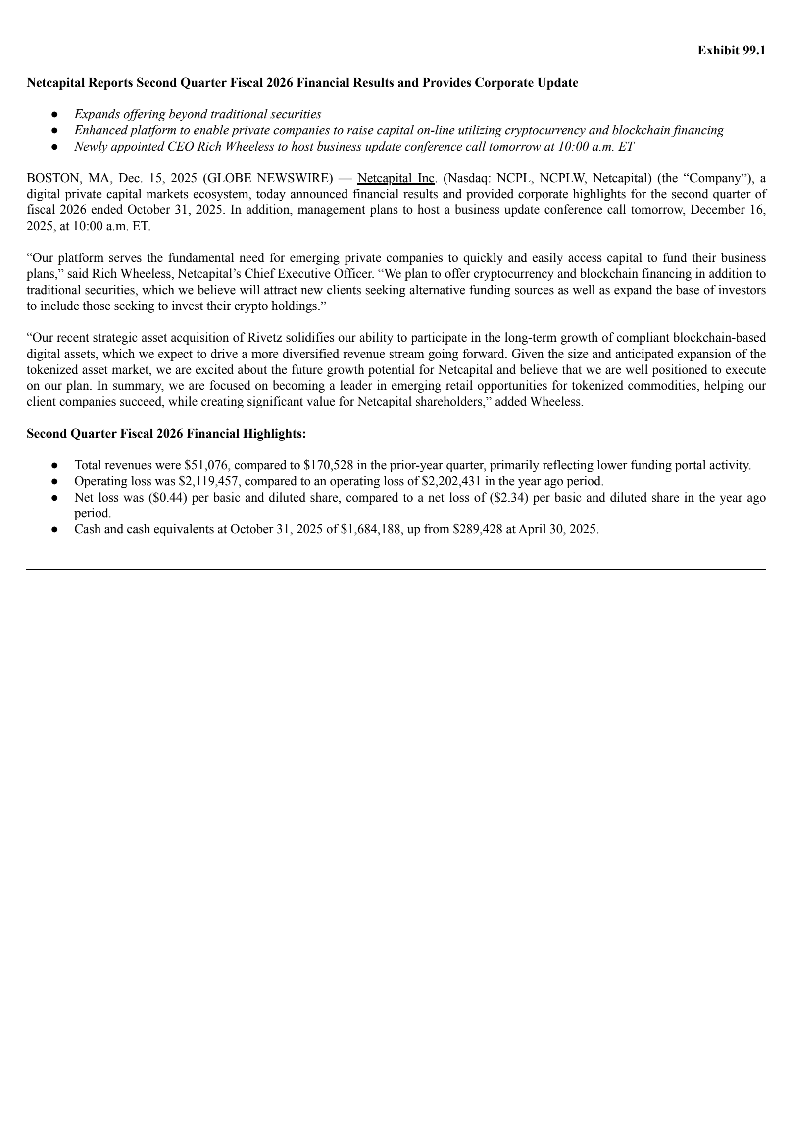 Netcapital's Q2 2026 Earnings Release