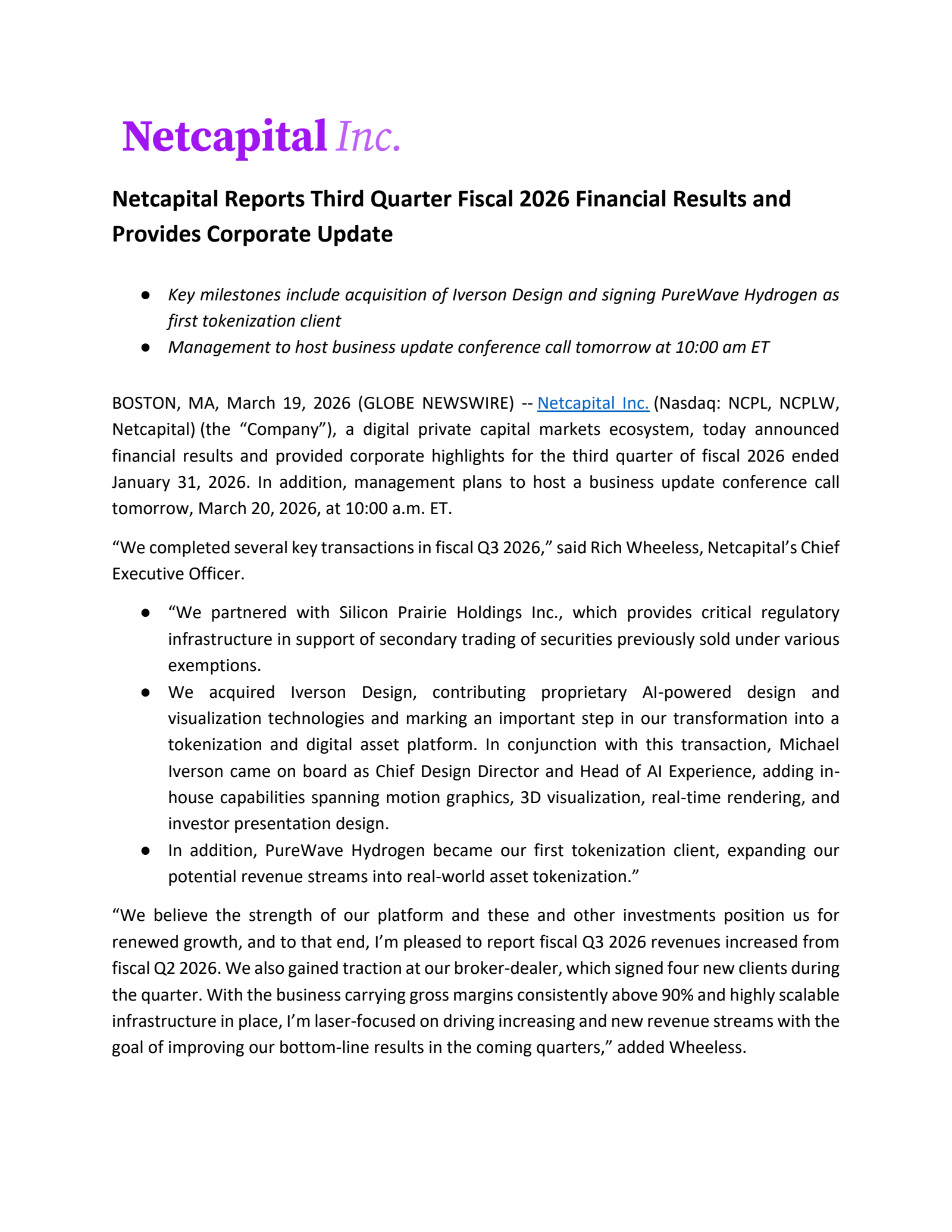 Netcapital's Q3 2026 Press Release