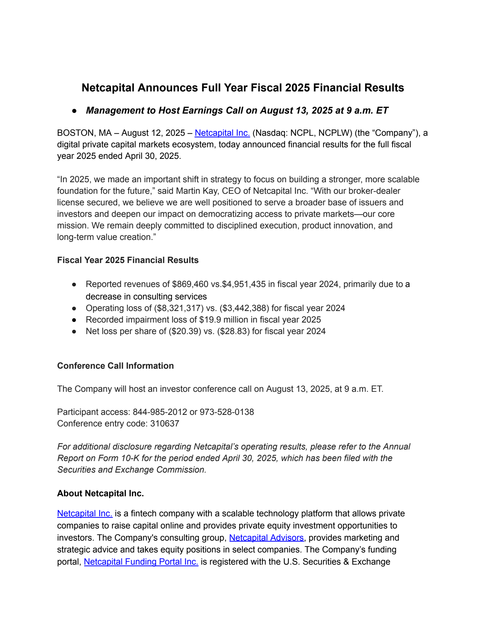 Netcapital's Q4 2025 Press Release