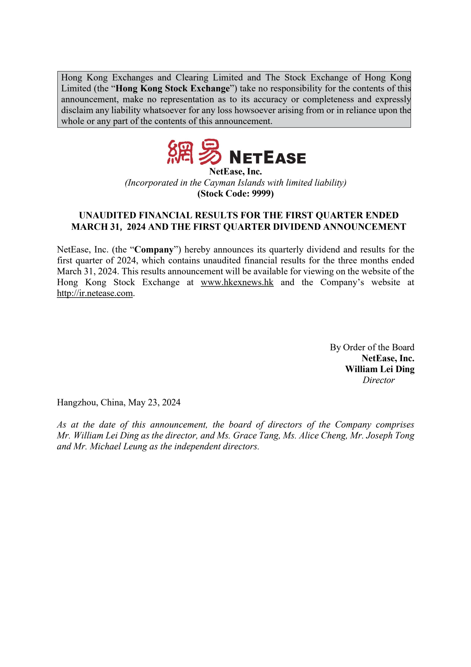NetEase's Q1 2024 Earnings Release