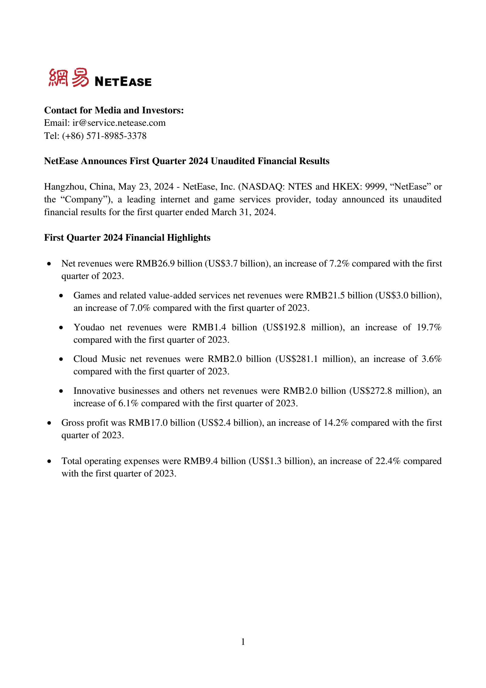 NTES Q1 2024 Earnings Report on 5/23/2024