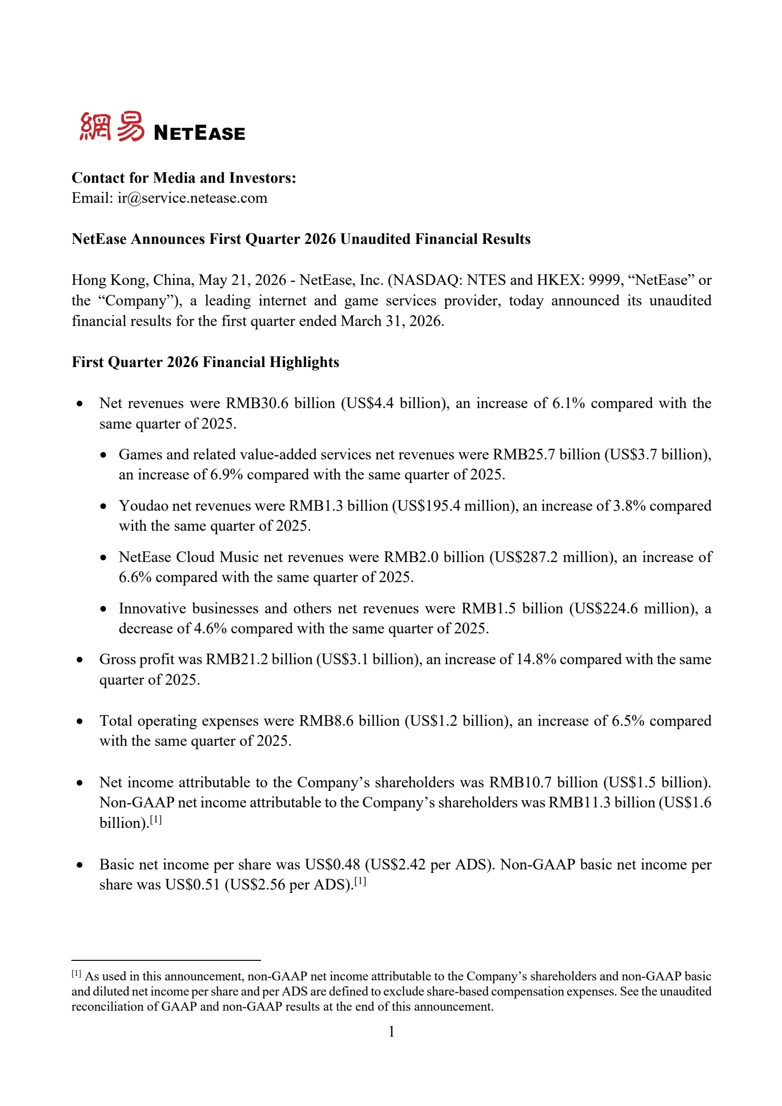 NetEase's Q1 2026 Press Release
