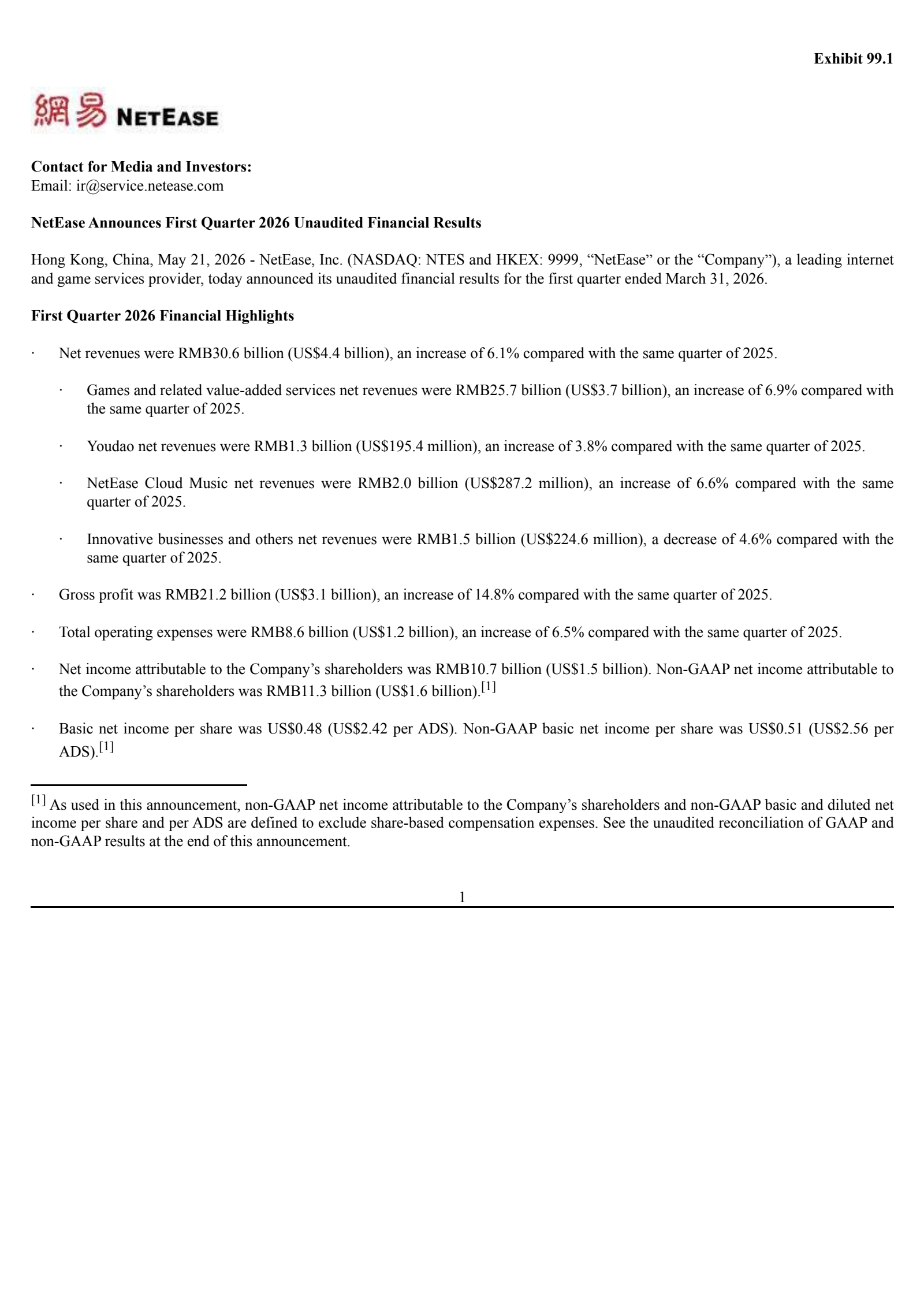NetEase's Q1 2026 Press Release