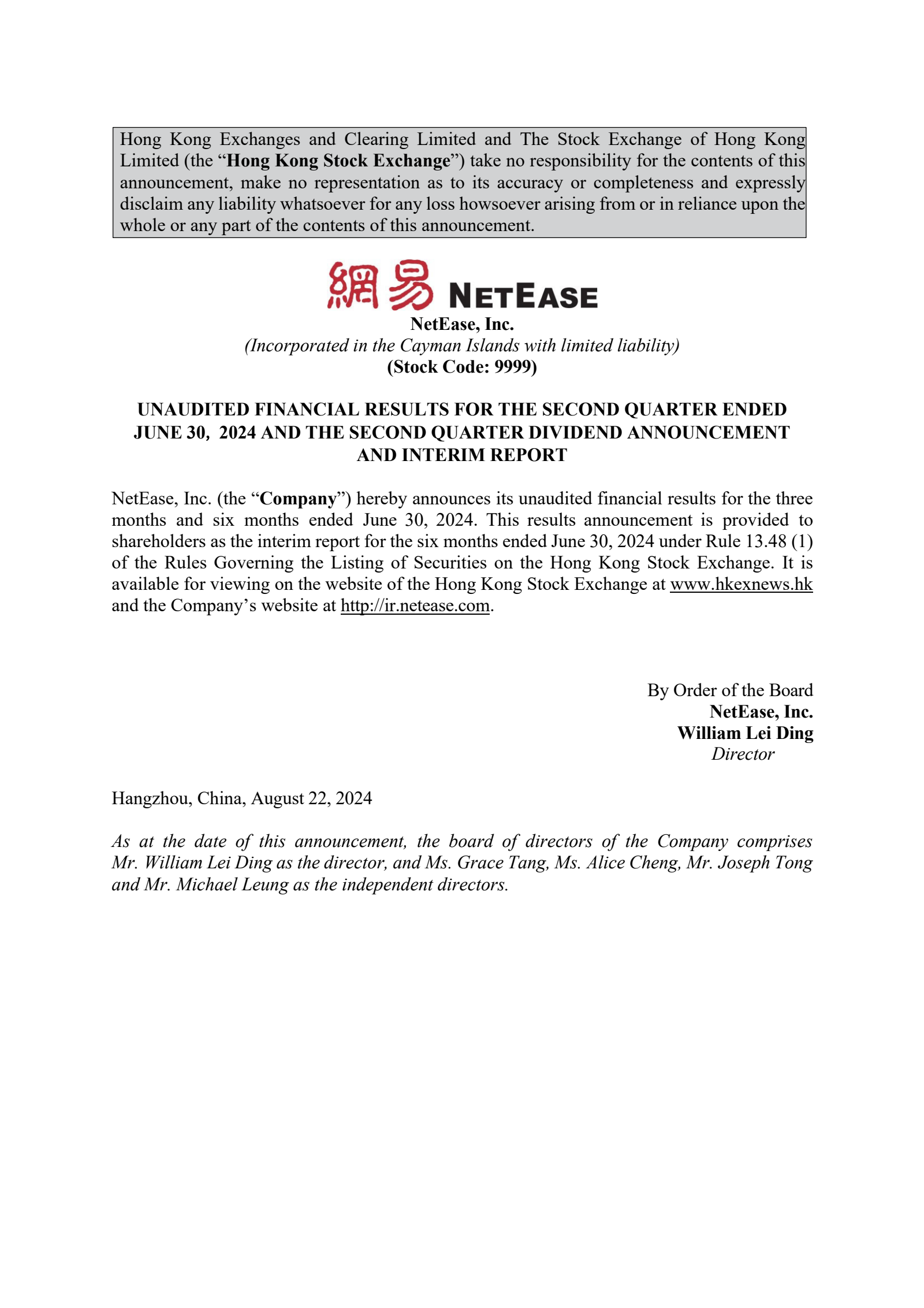 NetEase's Q2 2024 Earnings Release