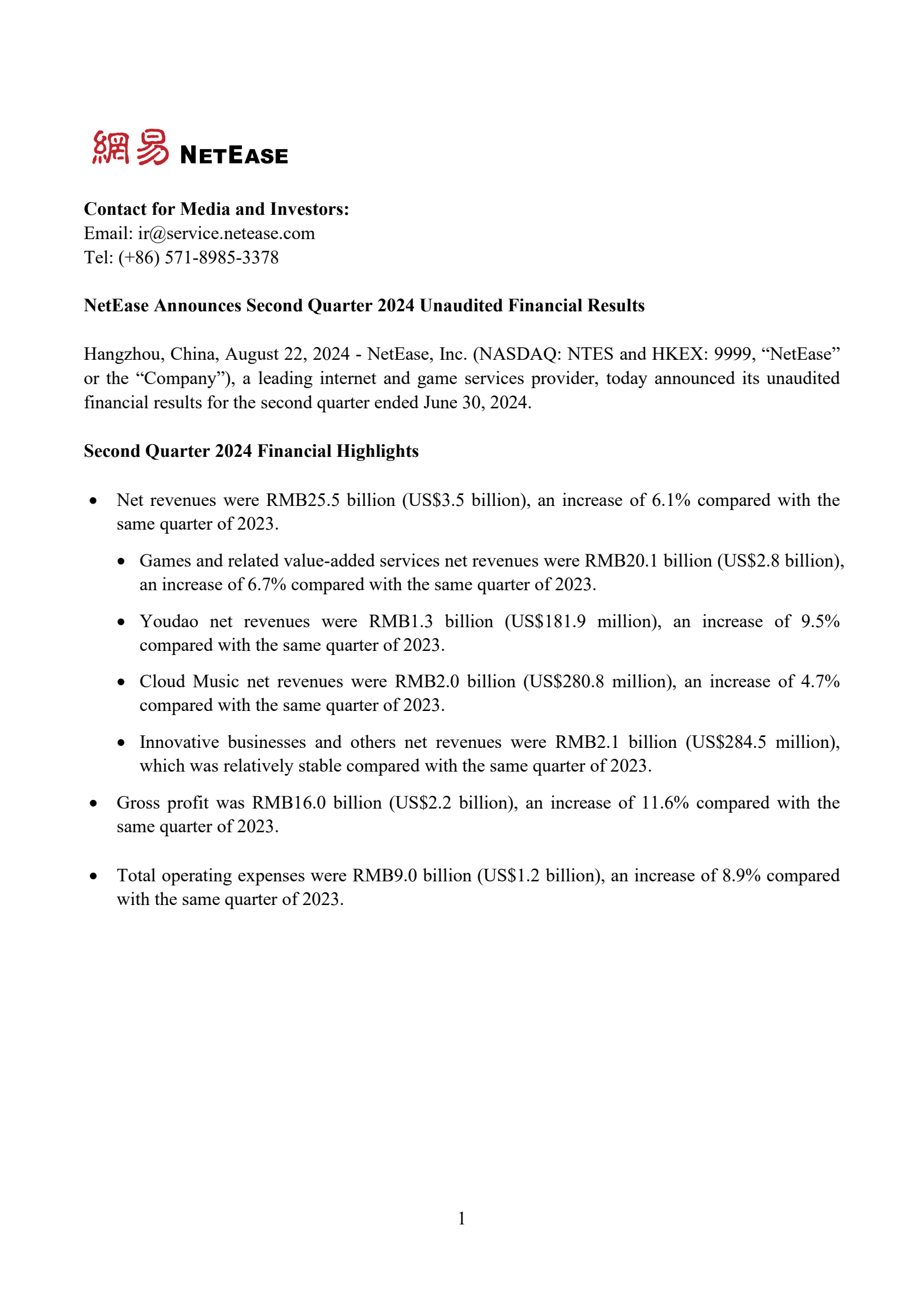 NetEase's Q2 2024 Press Release