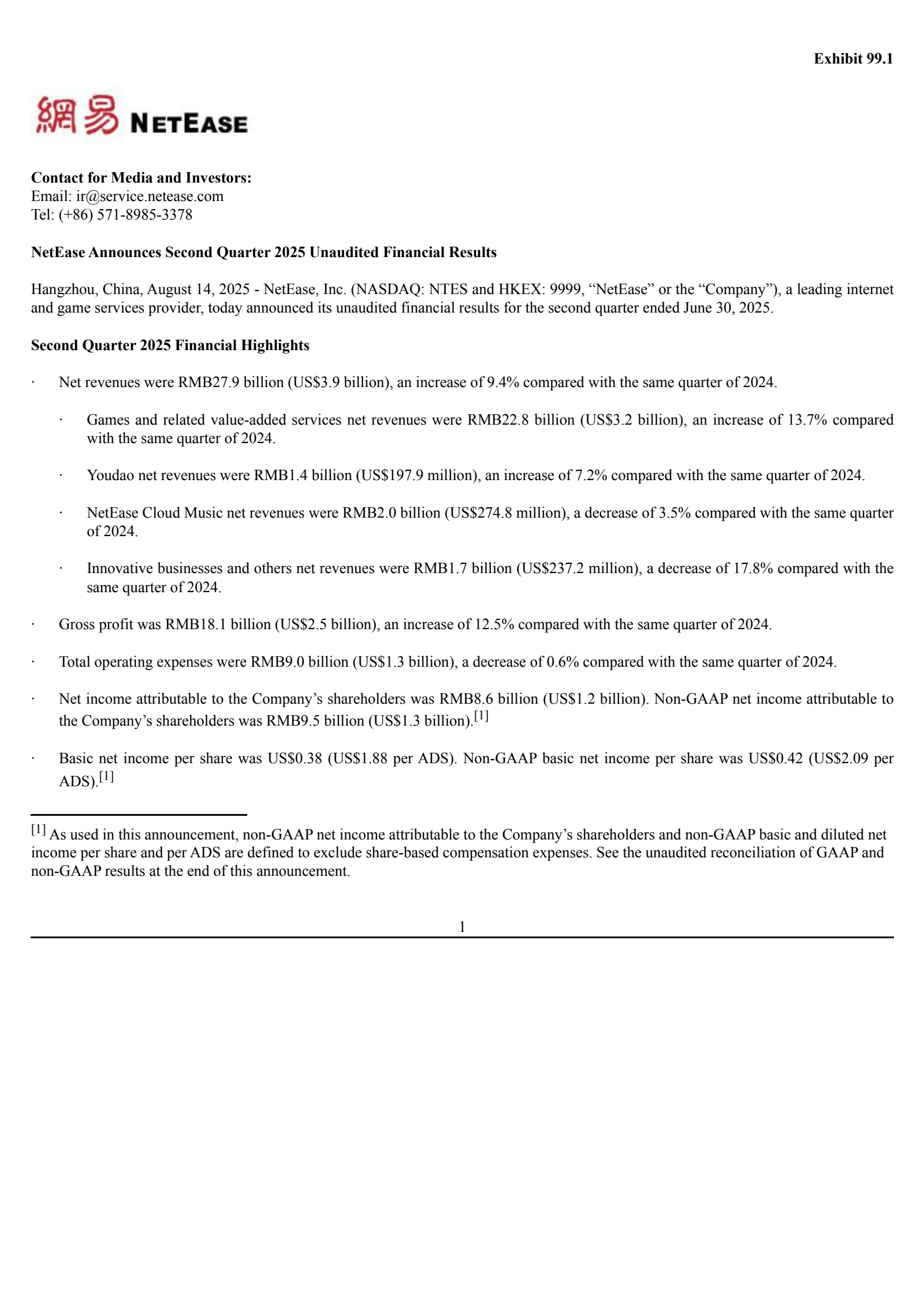 NetEase's Q2 2025 Press Release