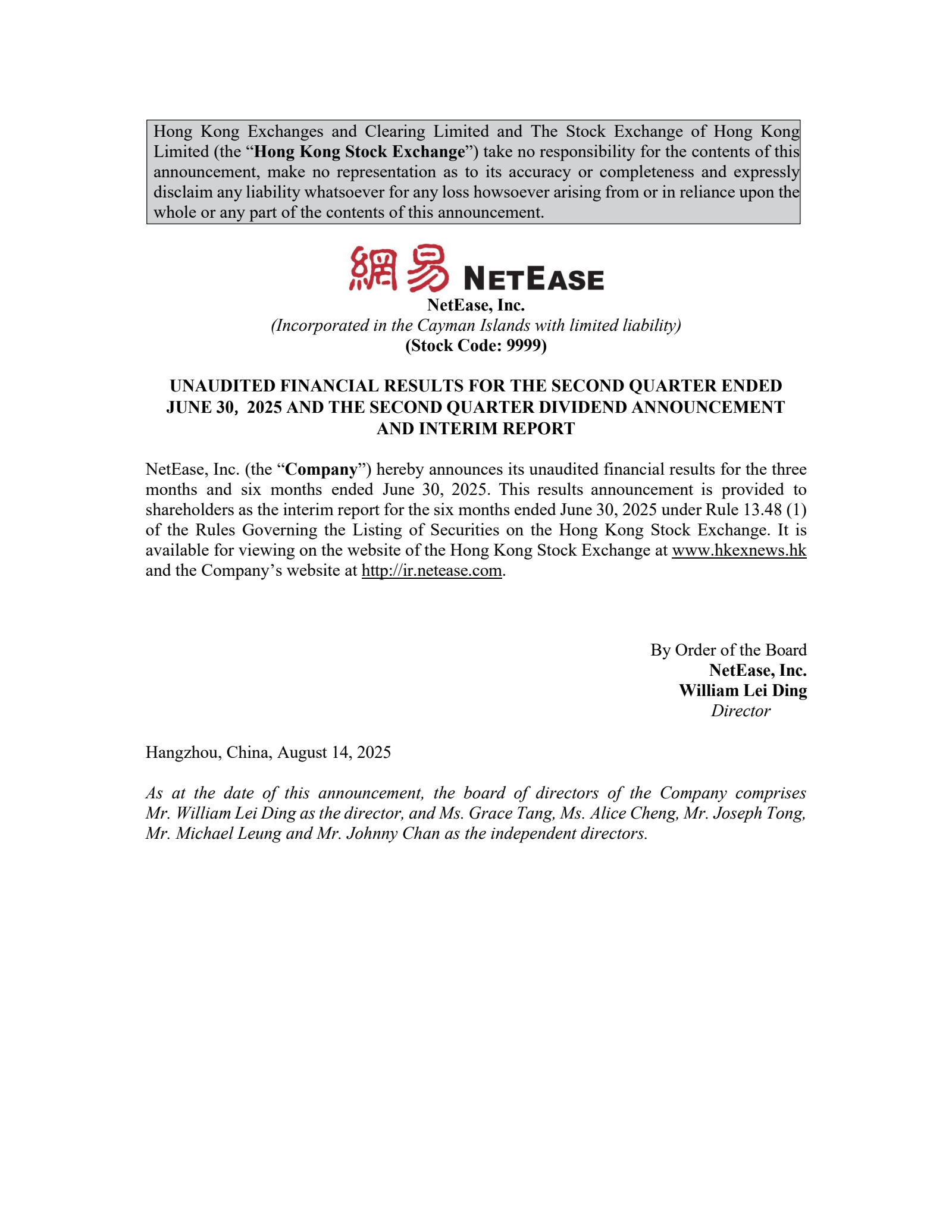 NetEase's Q2 2025 Press Release