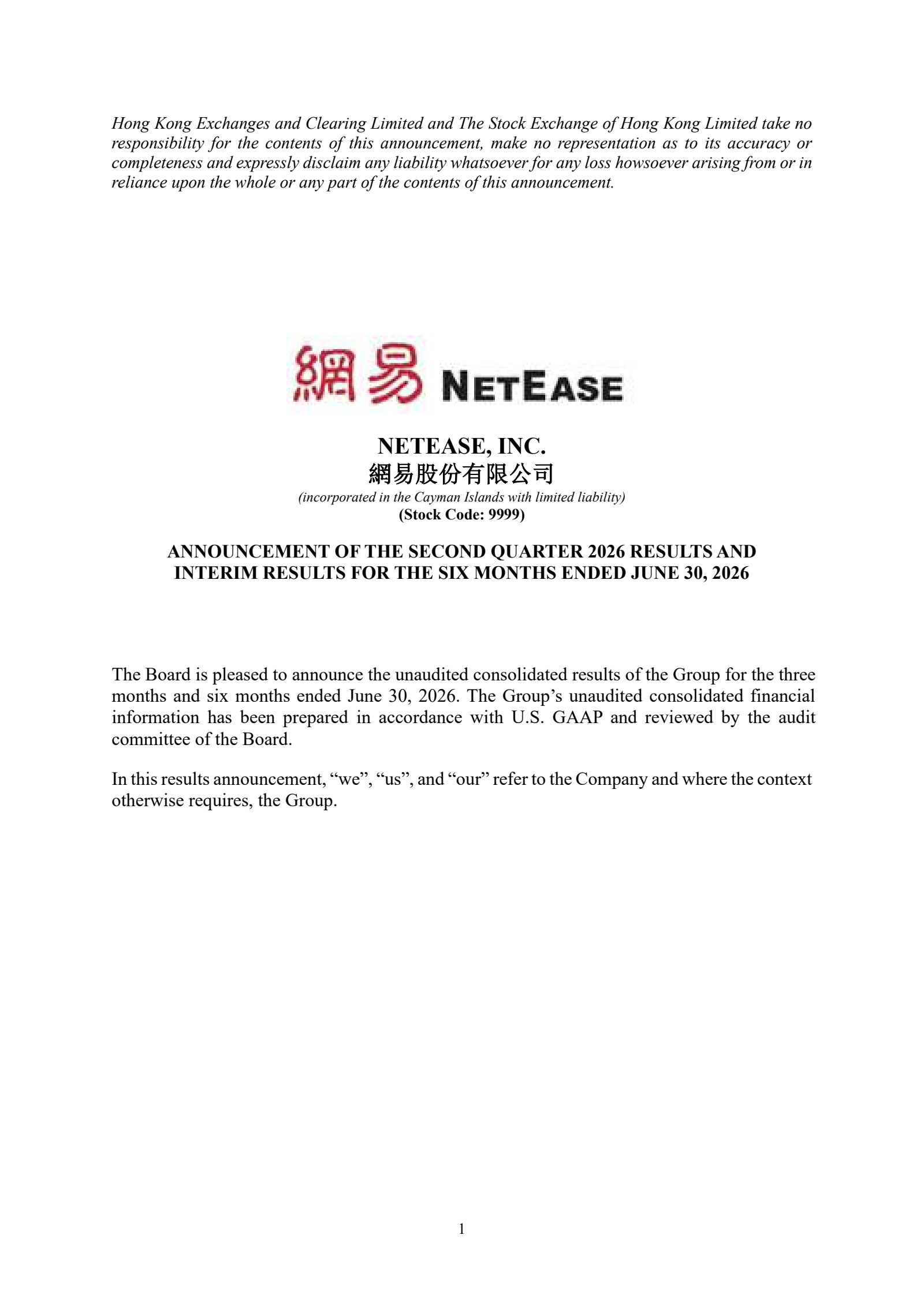 NetEase's Q2 2026 Press Release