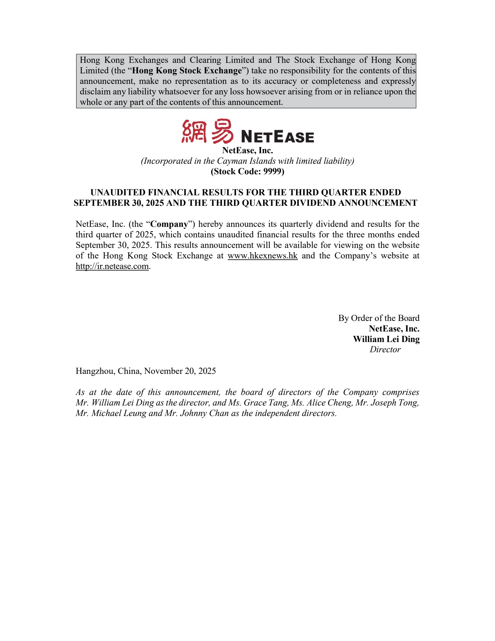 NetEase's Q3 2025 Earnings Release