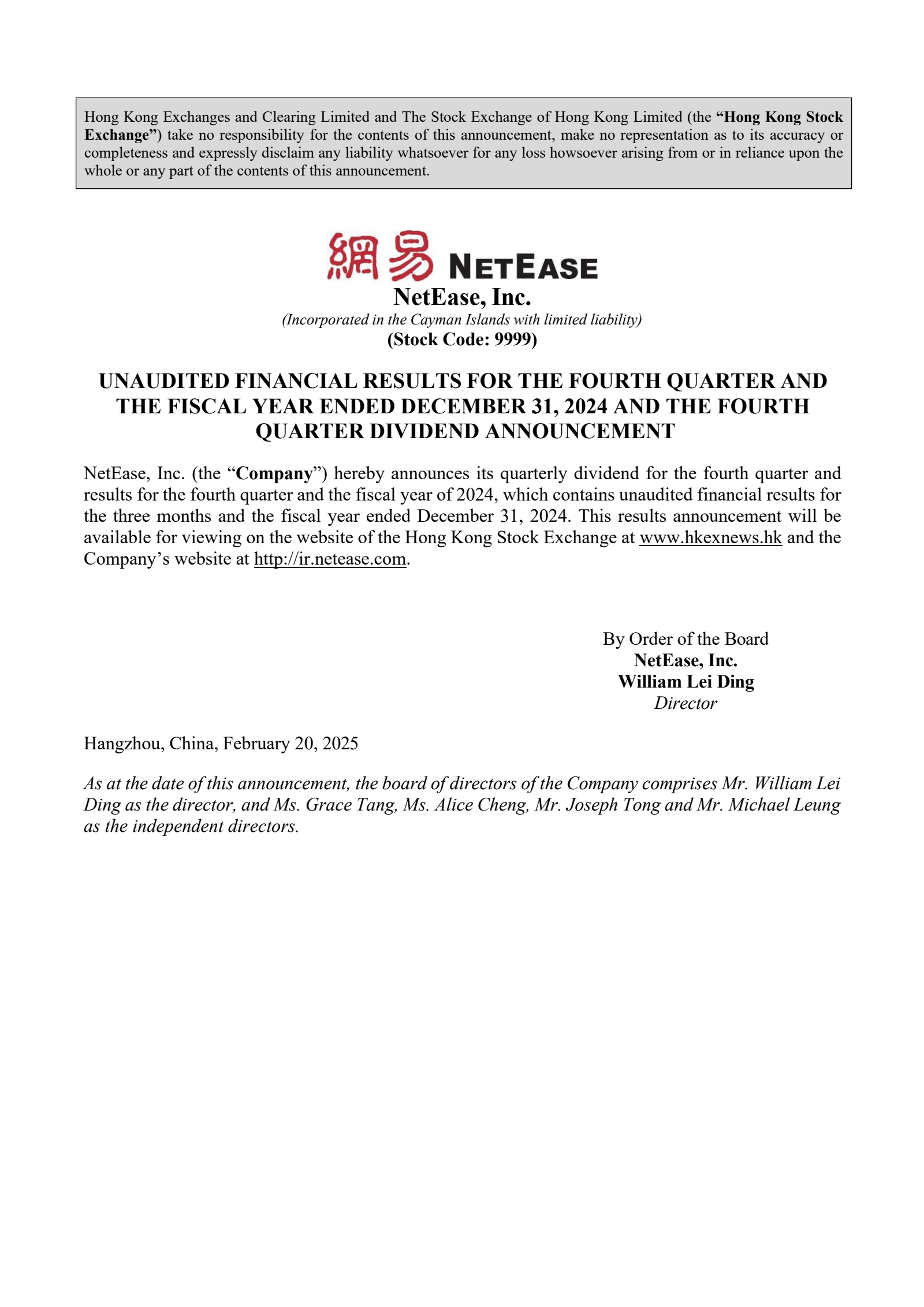 NetEase's Q4 2024 Earnings Release