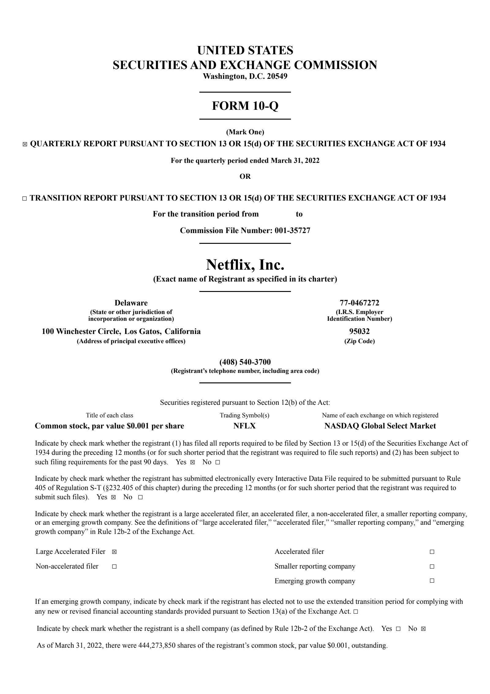 Netflix's Q1 2022 Quarterly report