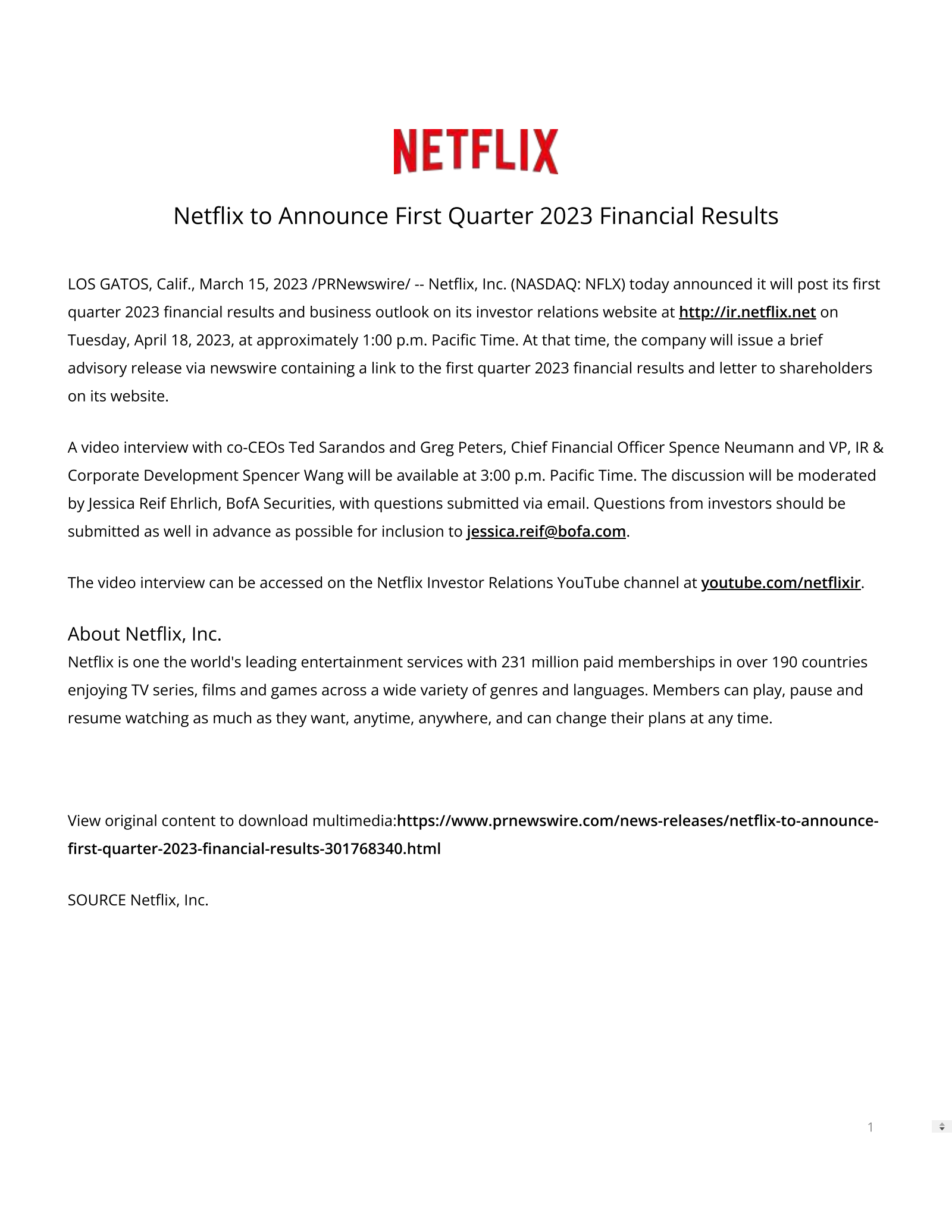 Netflix's Q1 2023 Press Release