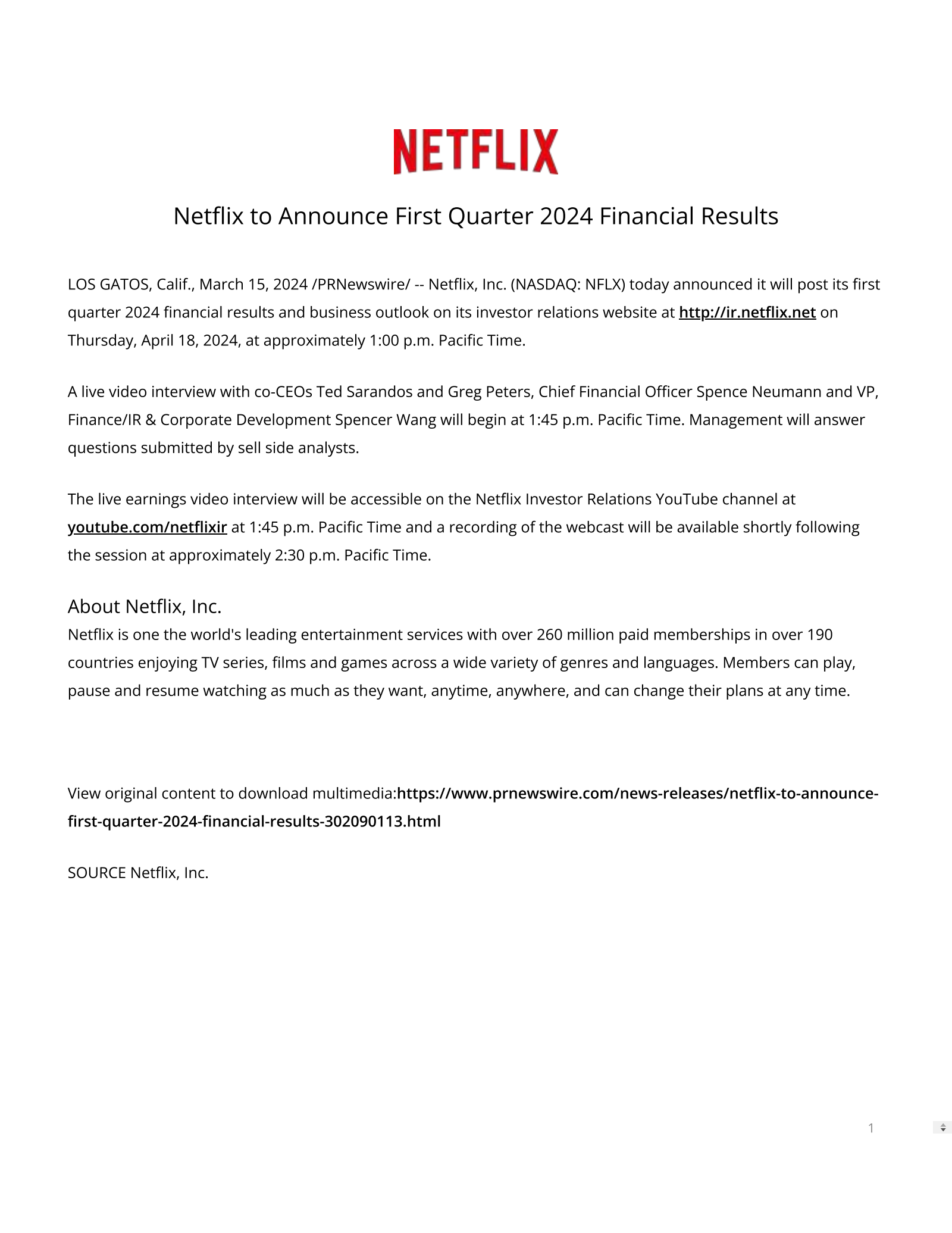 Netflix's Q1 2024 Press Release