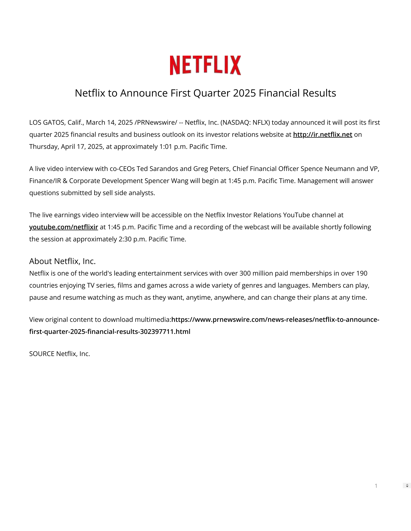 Netflix's Q1 2025 Press Release