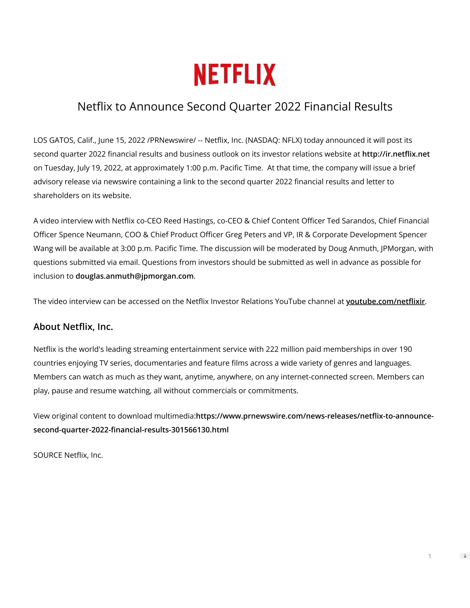 Netflix's Q2 2022 Press Release