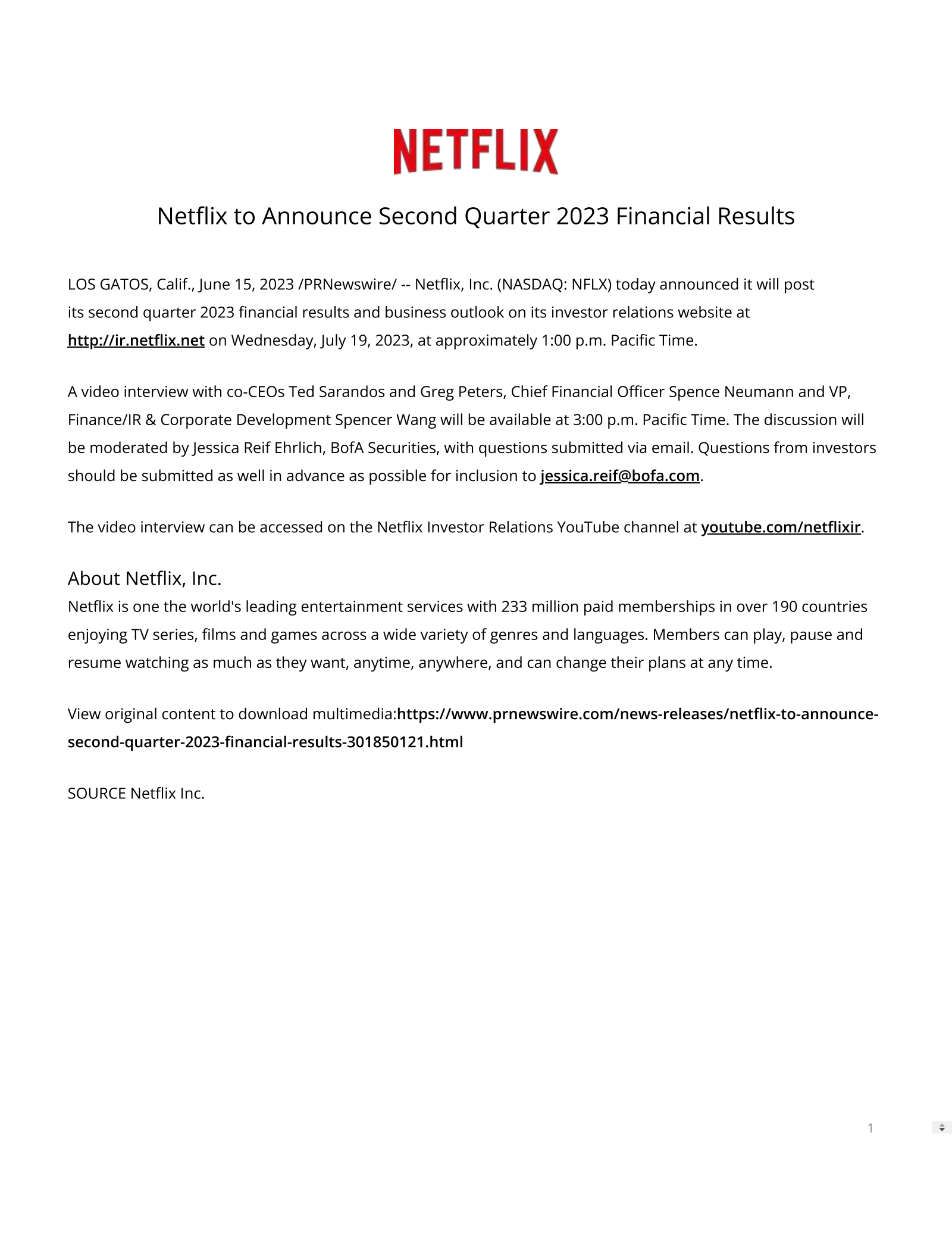 Netflix's Q2 2023 Press Release