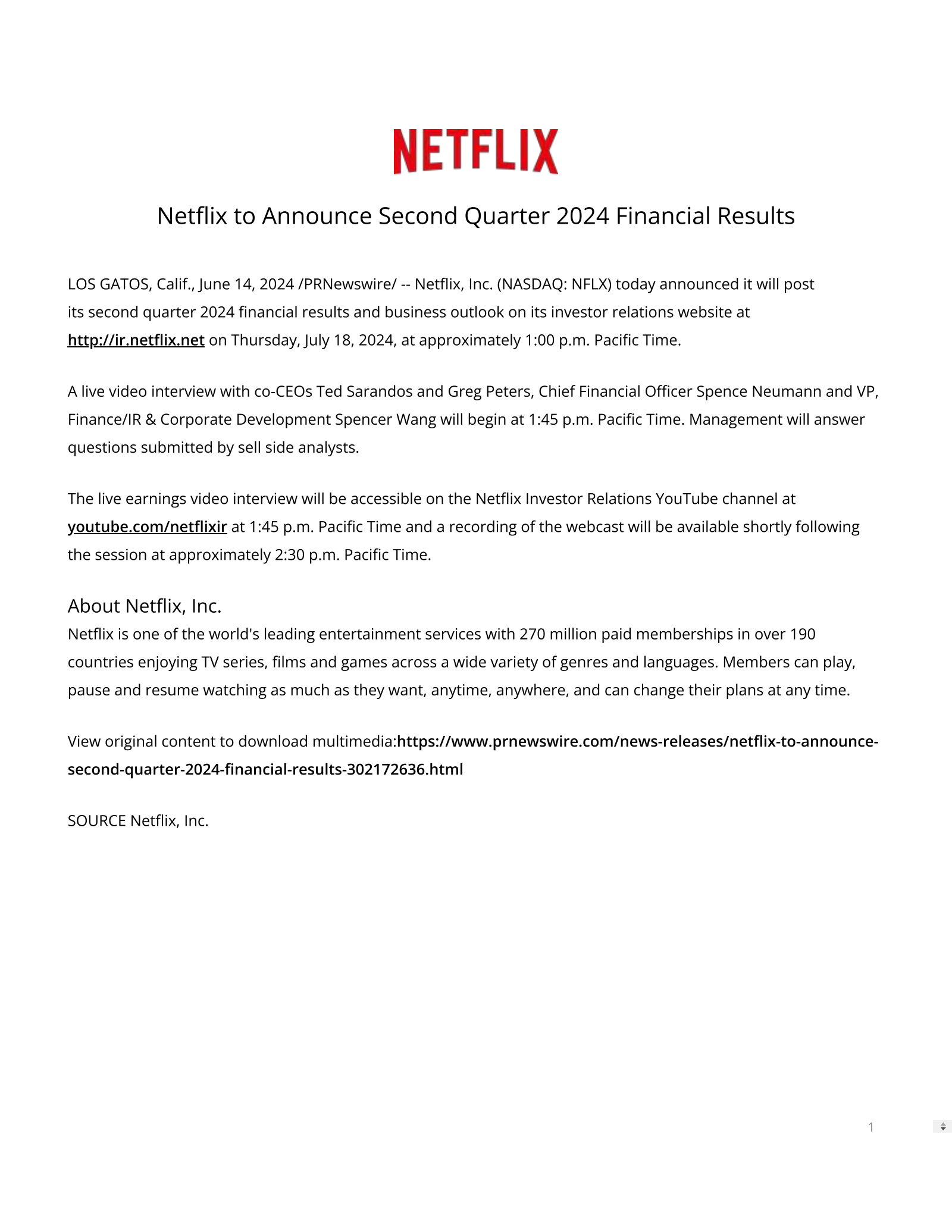 Netflix's Q2 2024 Press Release