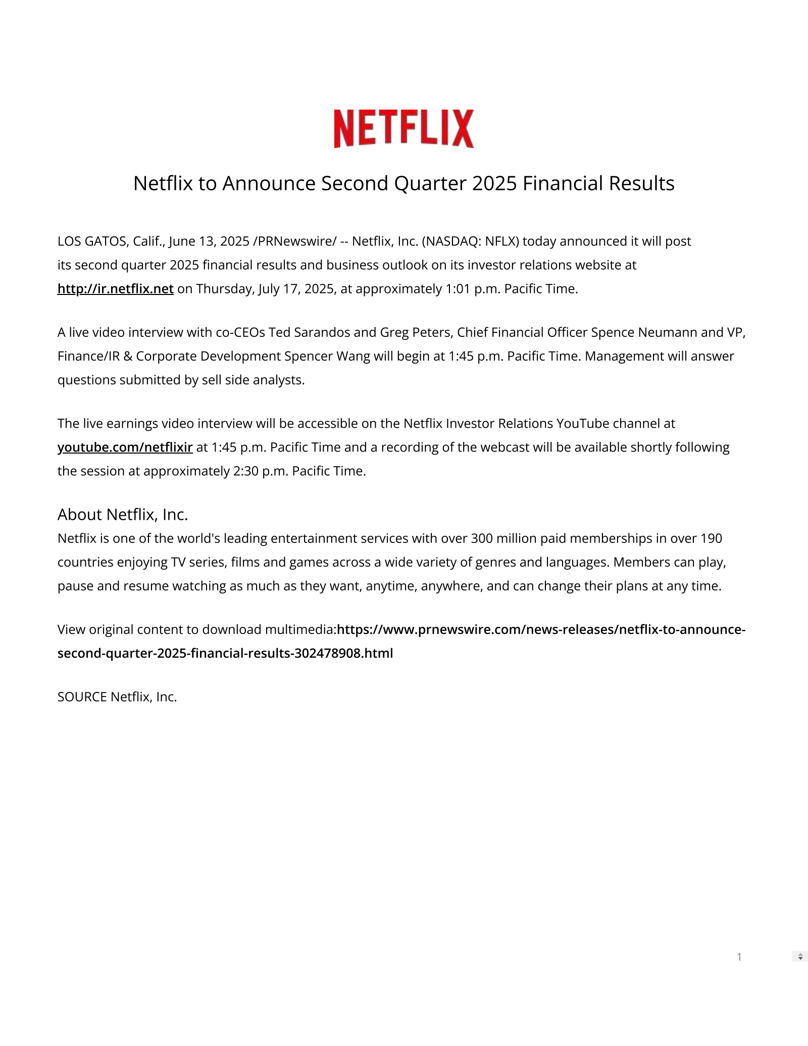 Netflix's Q2 2025 Press Release