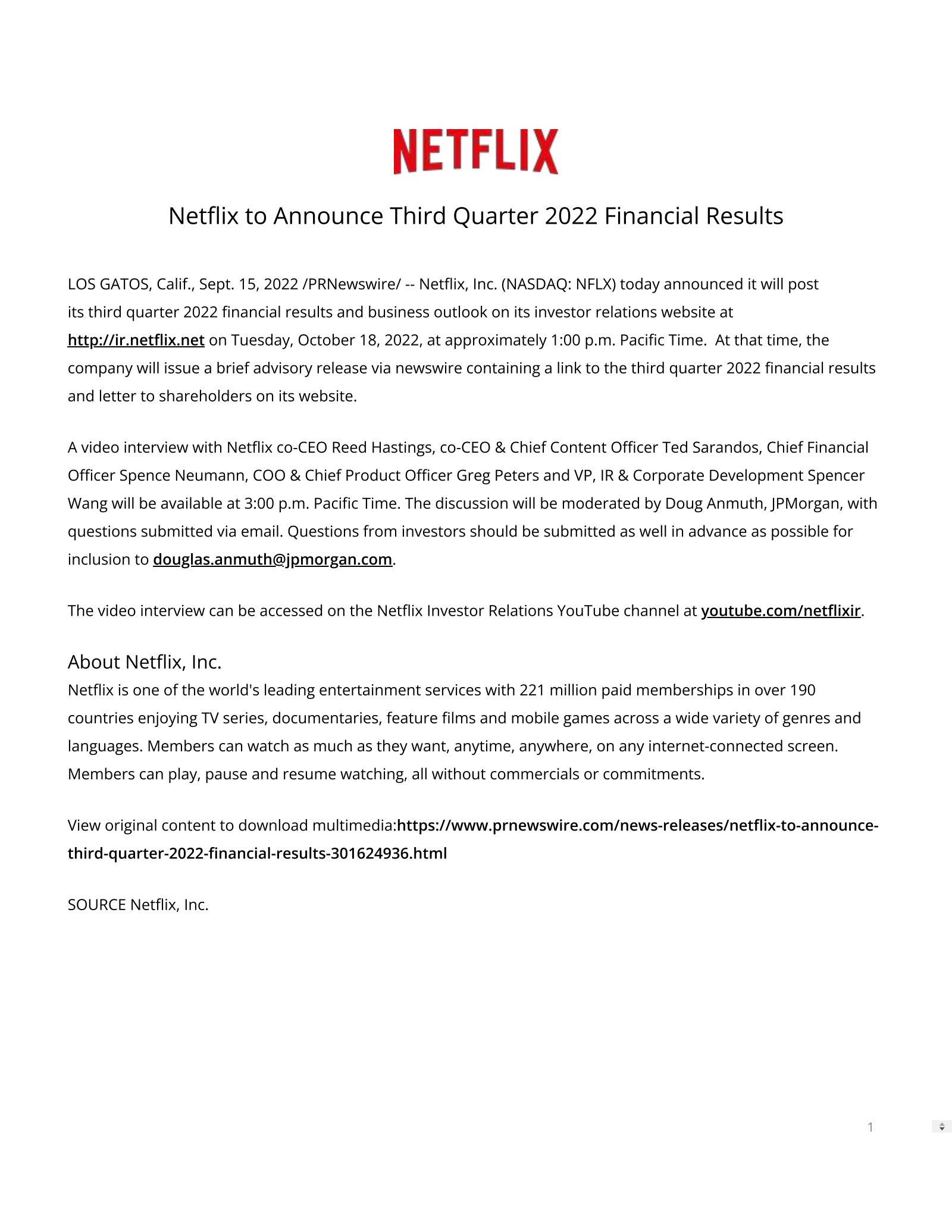Netflix's Q3 2022 Press Release