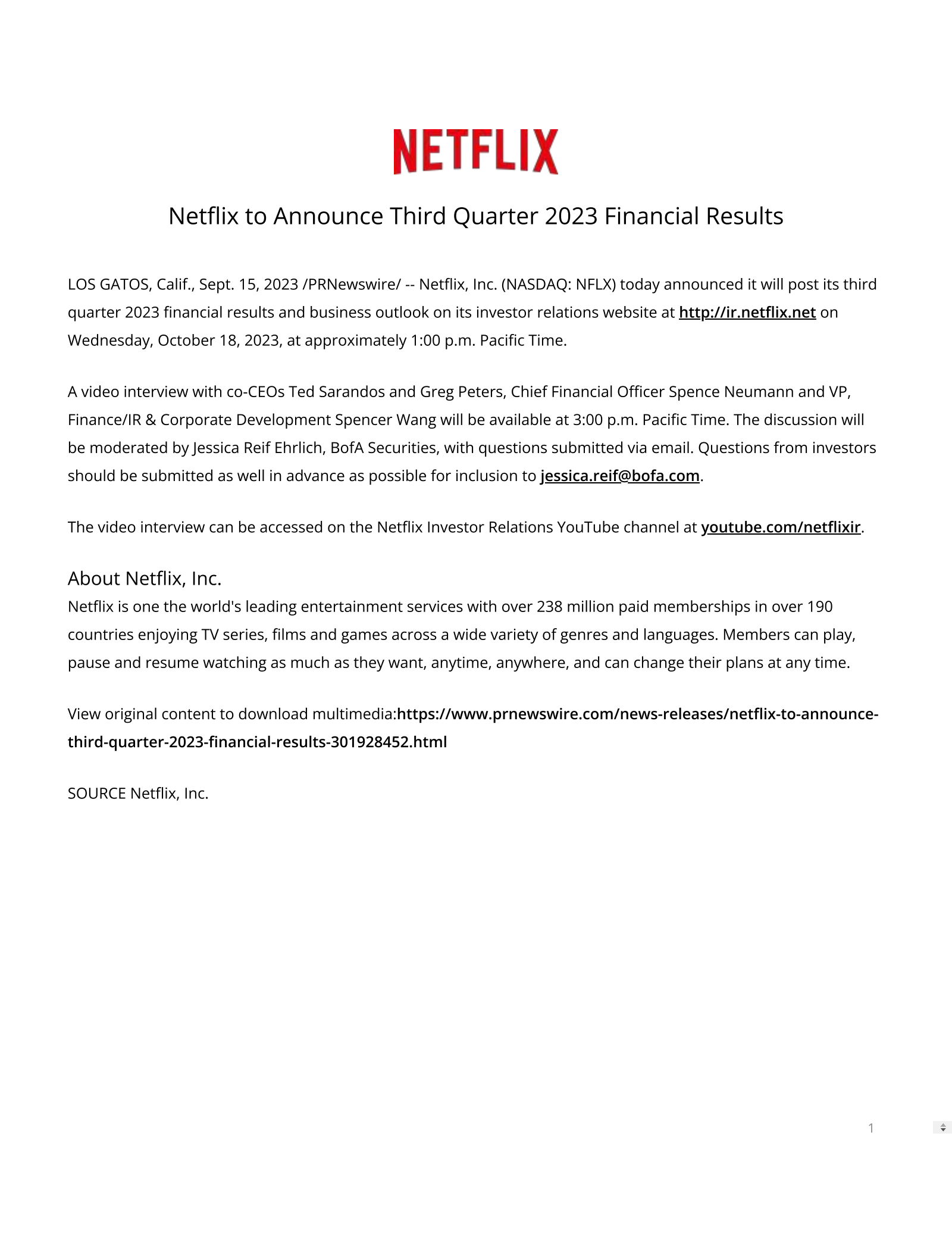 Netflix's Q3 2023 Press Release