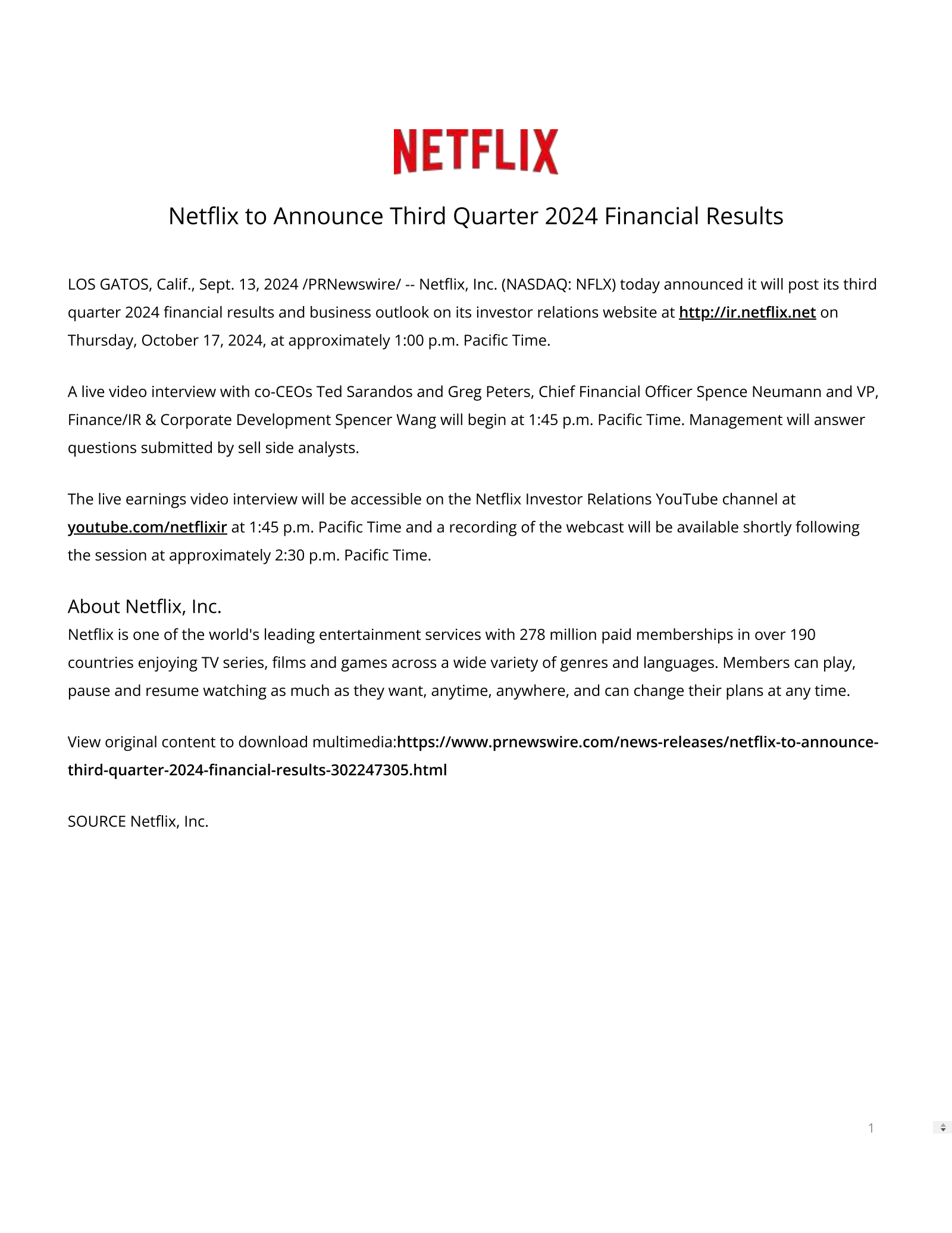 Netflix's Q3 2024 Press Release