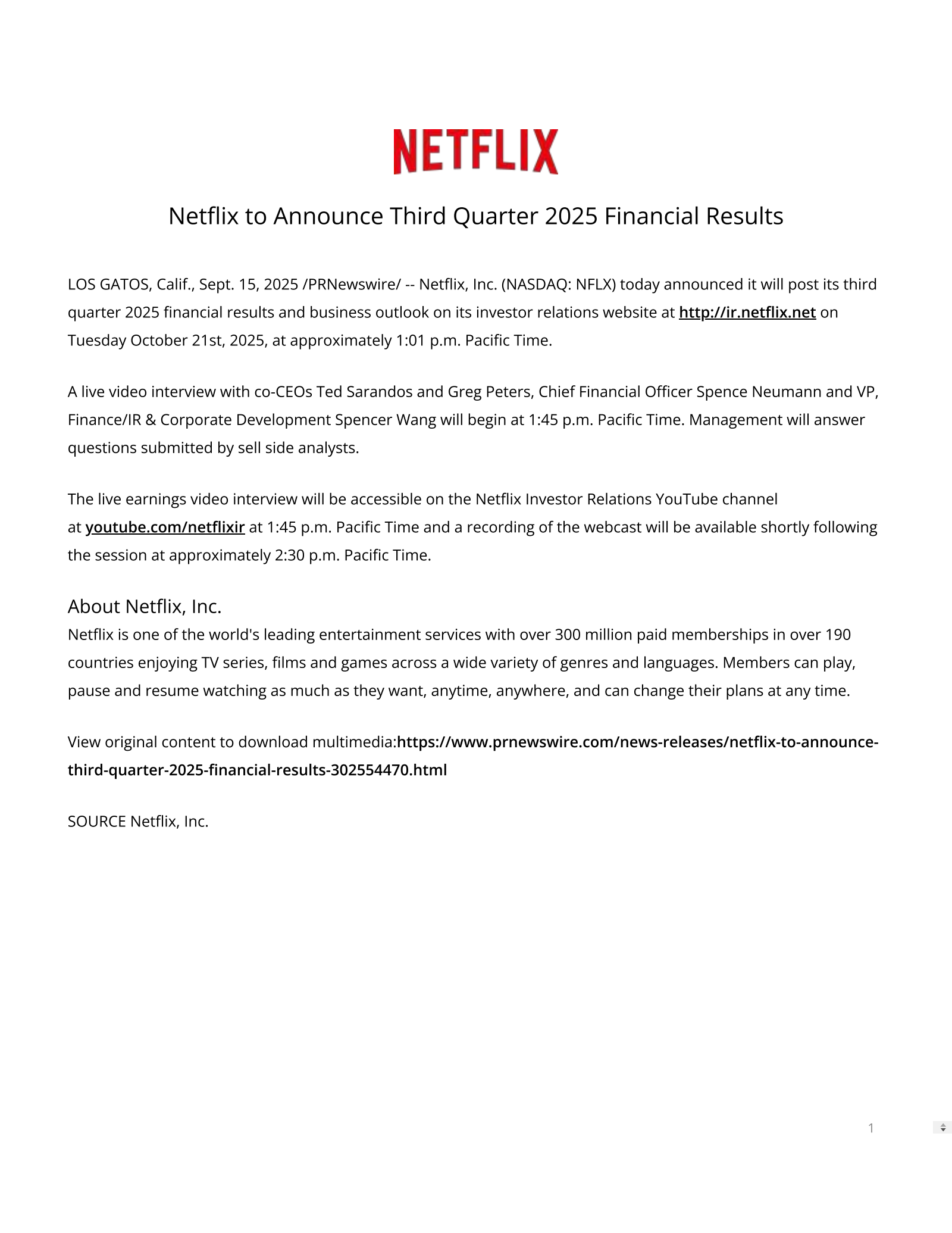 Netflix's Q3 2025 Press Release