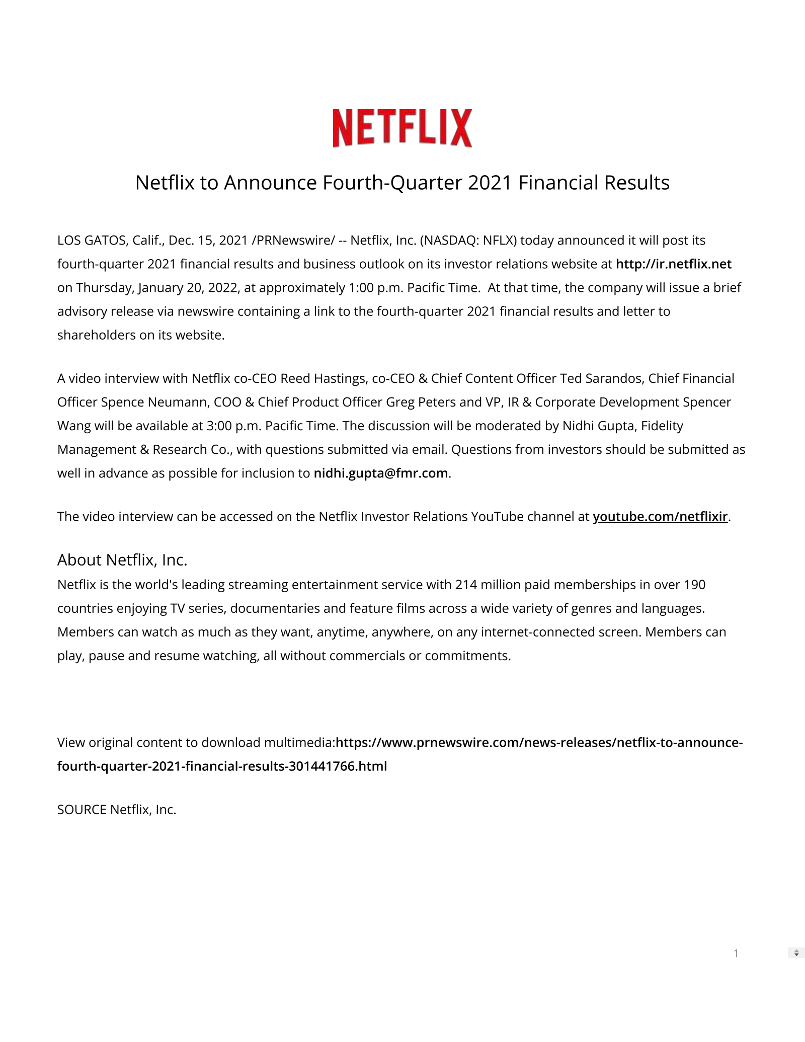 Netflix's Q4 2021 Press Release