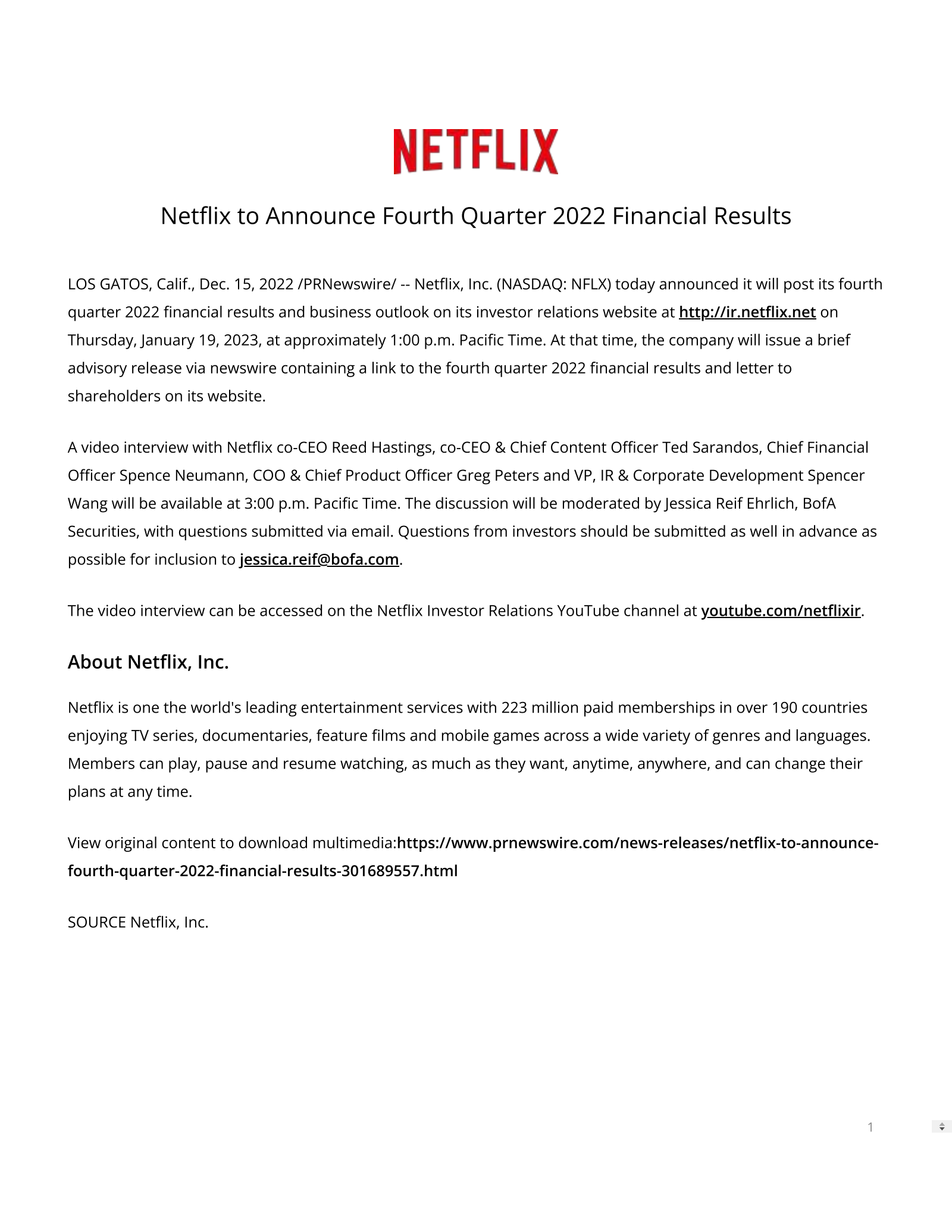 Netflix's Q4 2022 Press Release