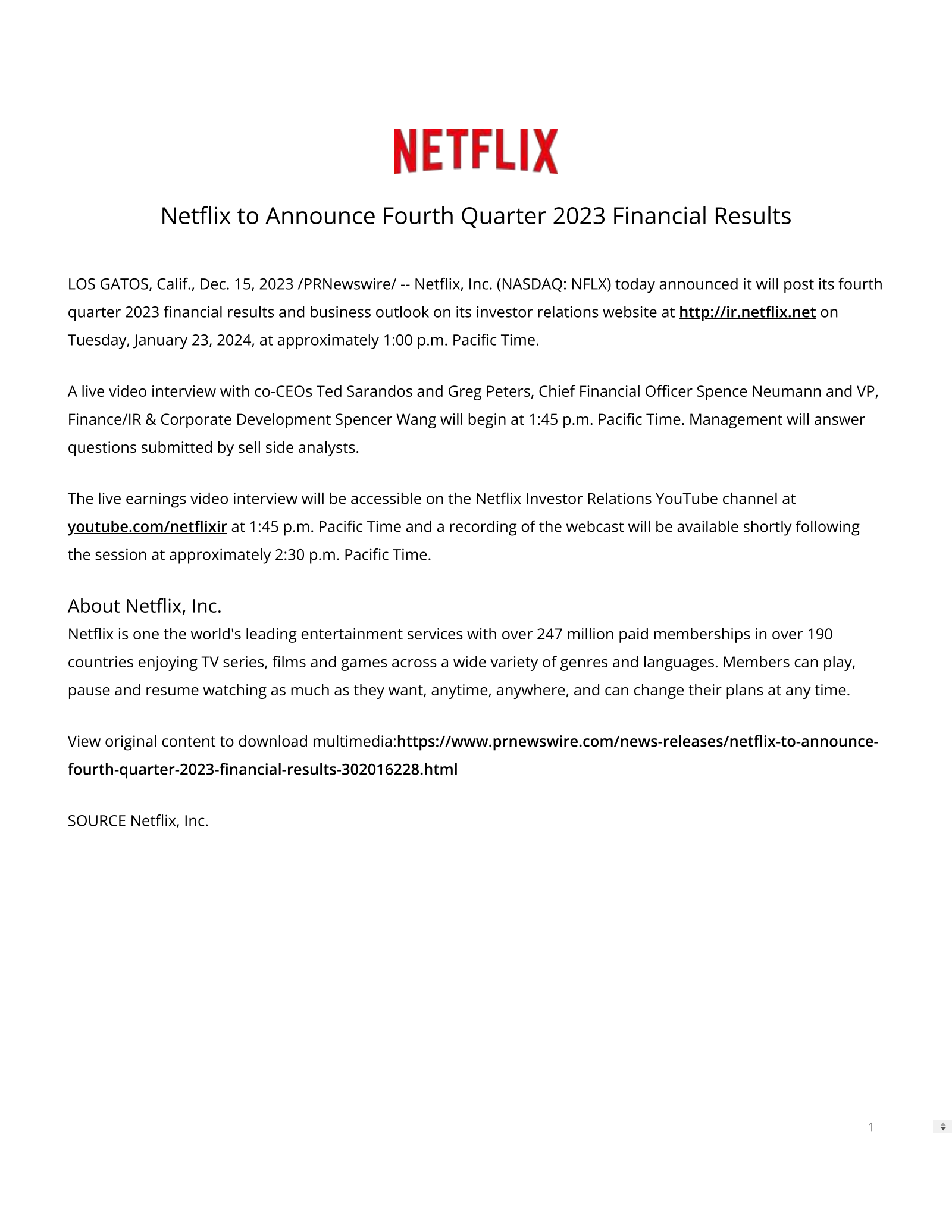 Netflix's Q4 2023 Press Release