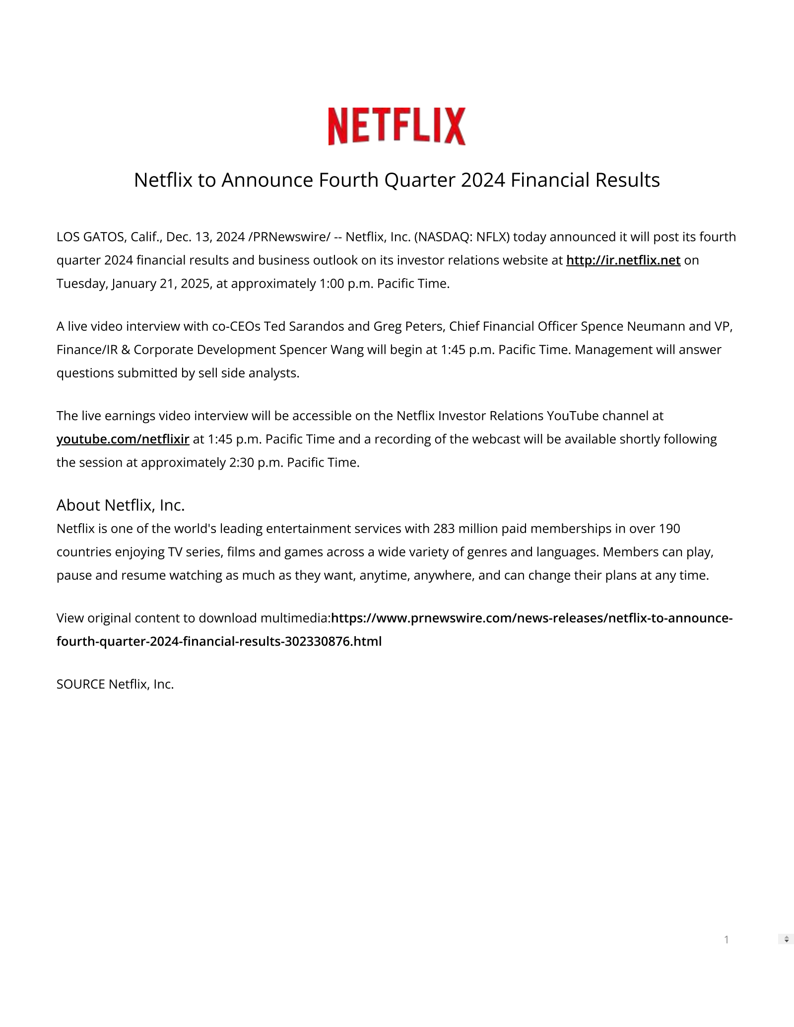 Netflix's Q4 2024 Earnings Release