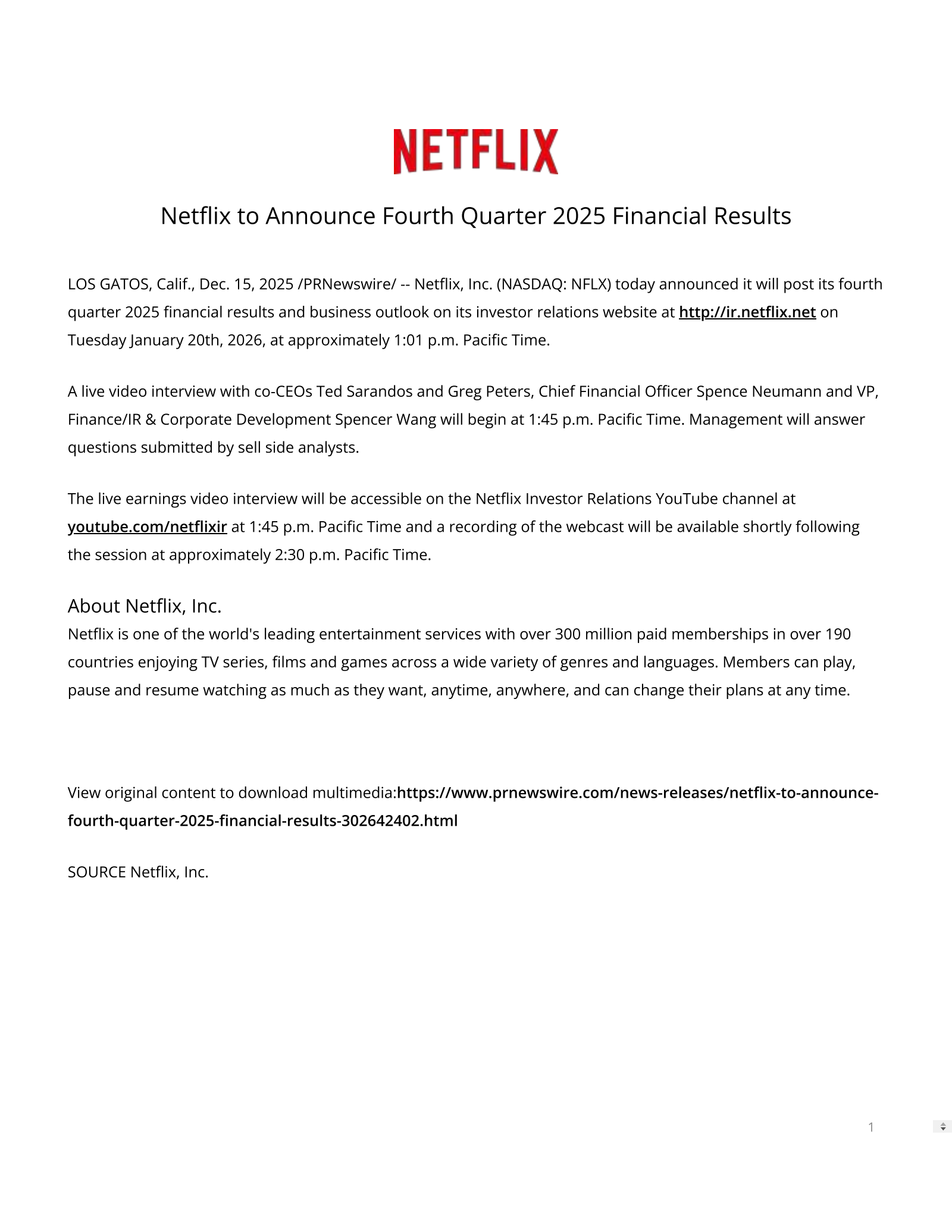 Netflix's Q4 2025 Press Release