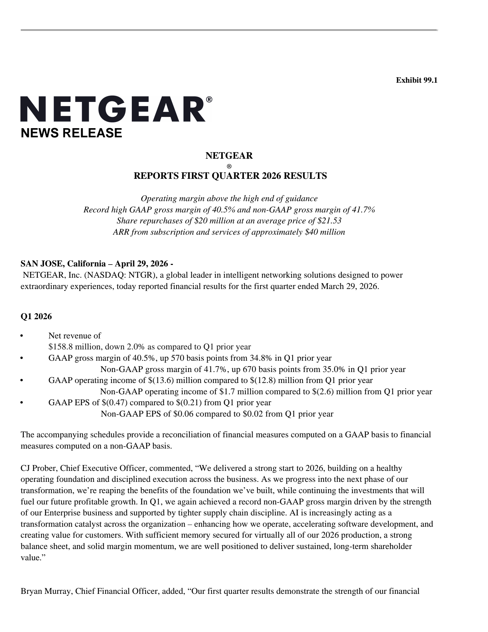 NETGEAR's Q1 2026 Press Release