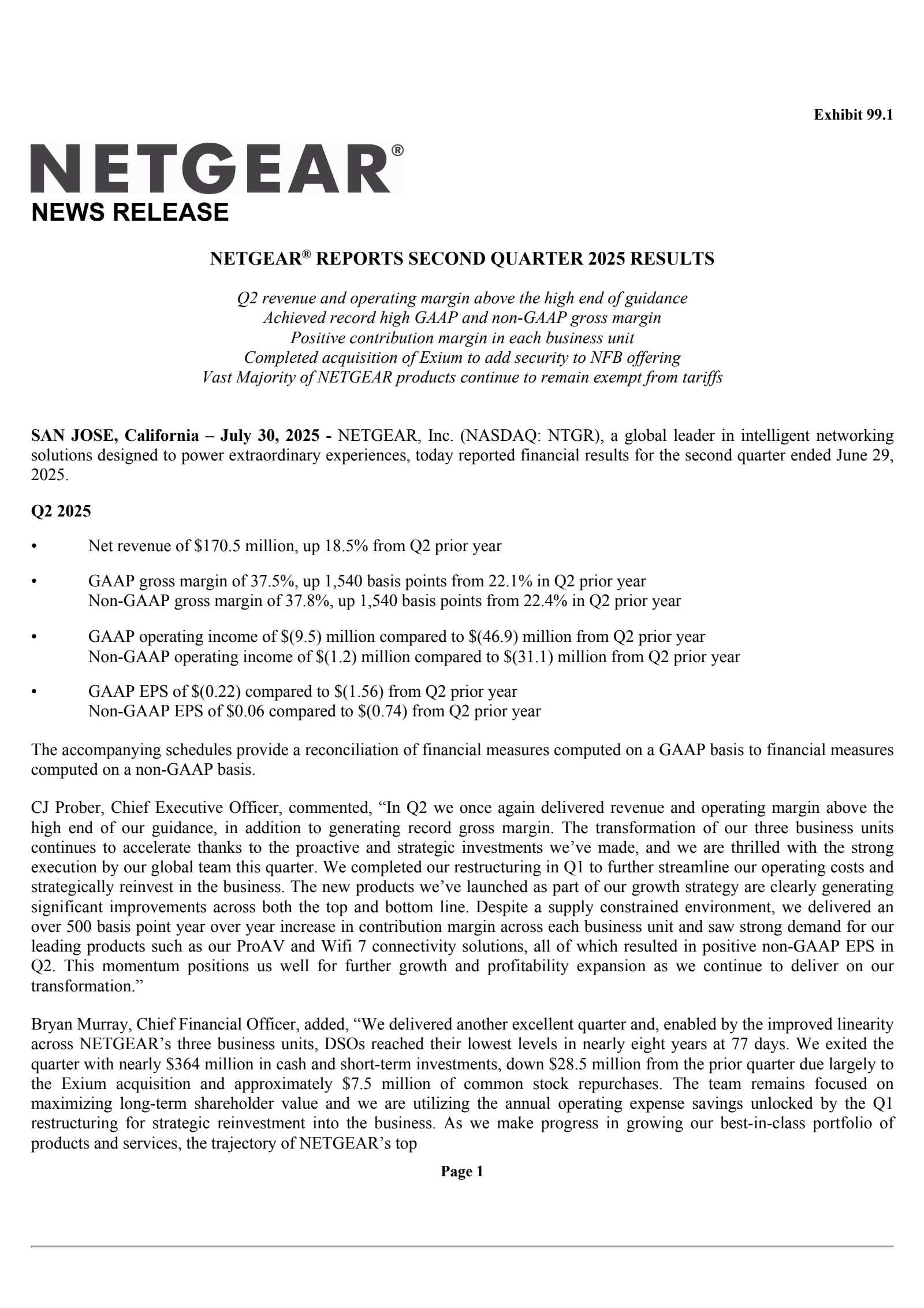 NETGEAR's Q2 2025 Press Release