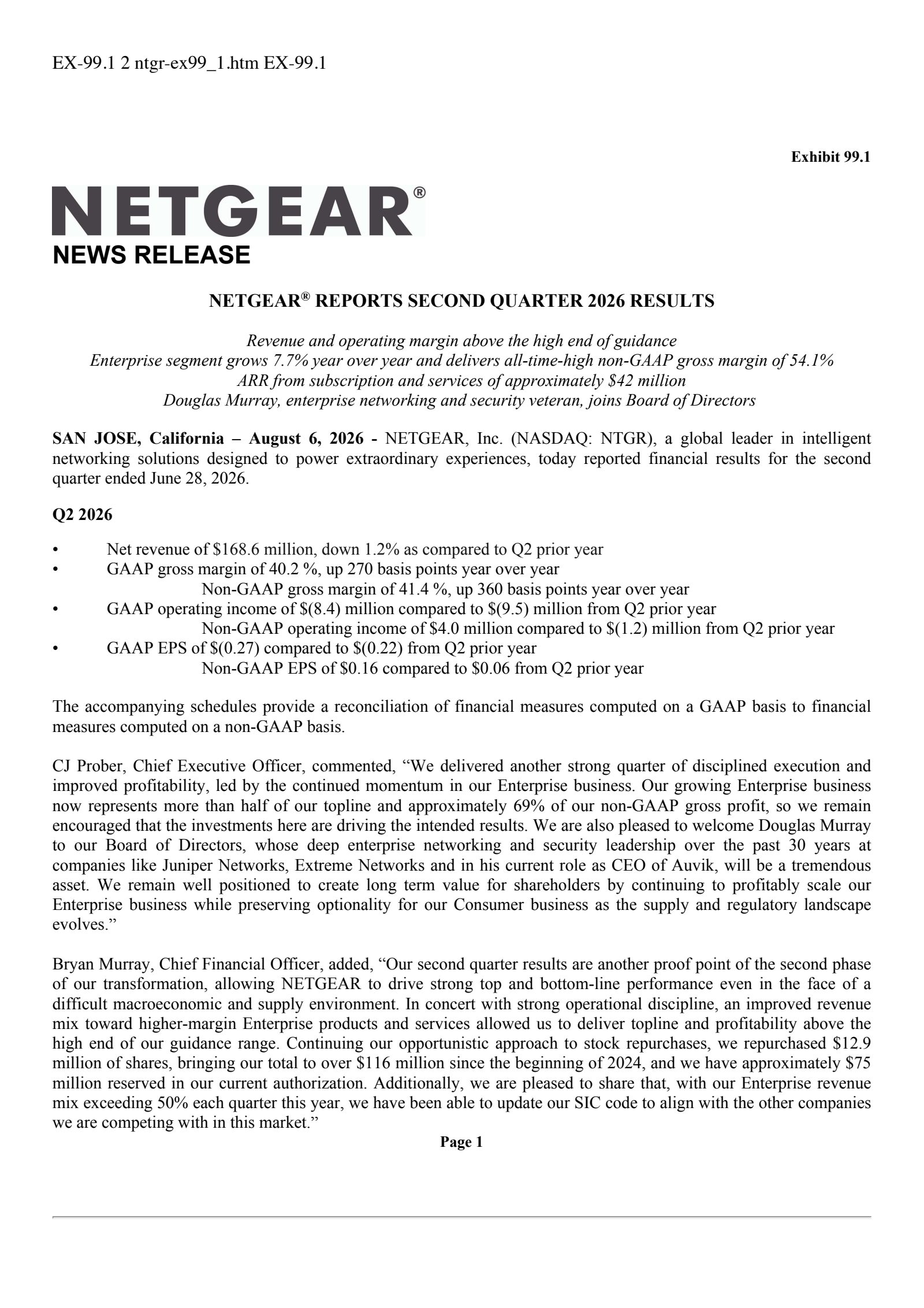 NETGEAR's Q2 2026 Press Release