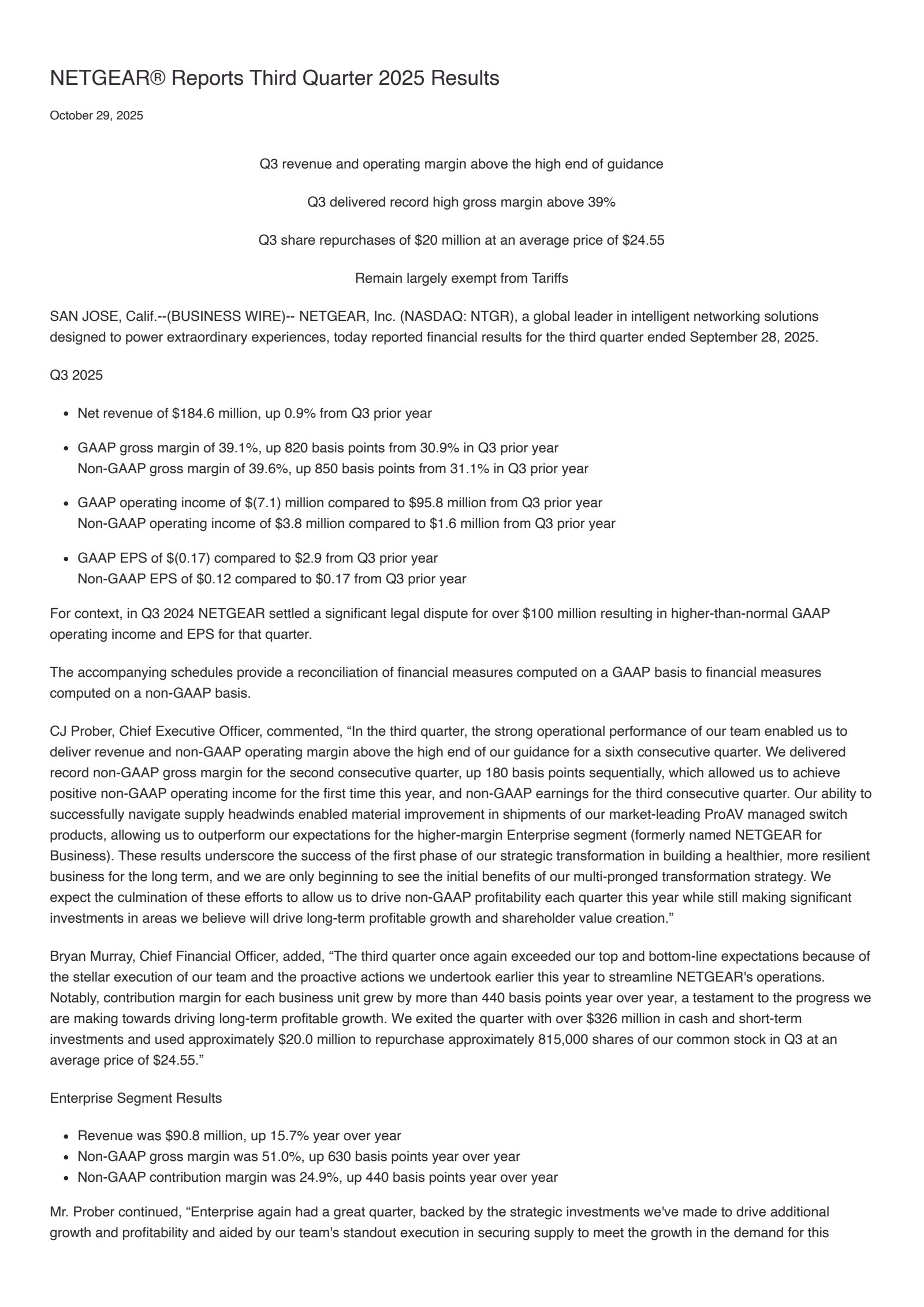NETGEAR's Q3 2025 Earnings Release