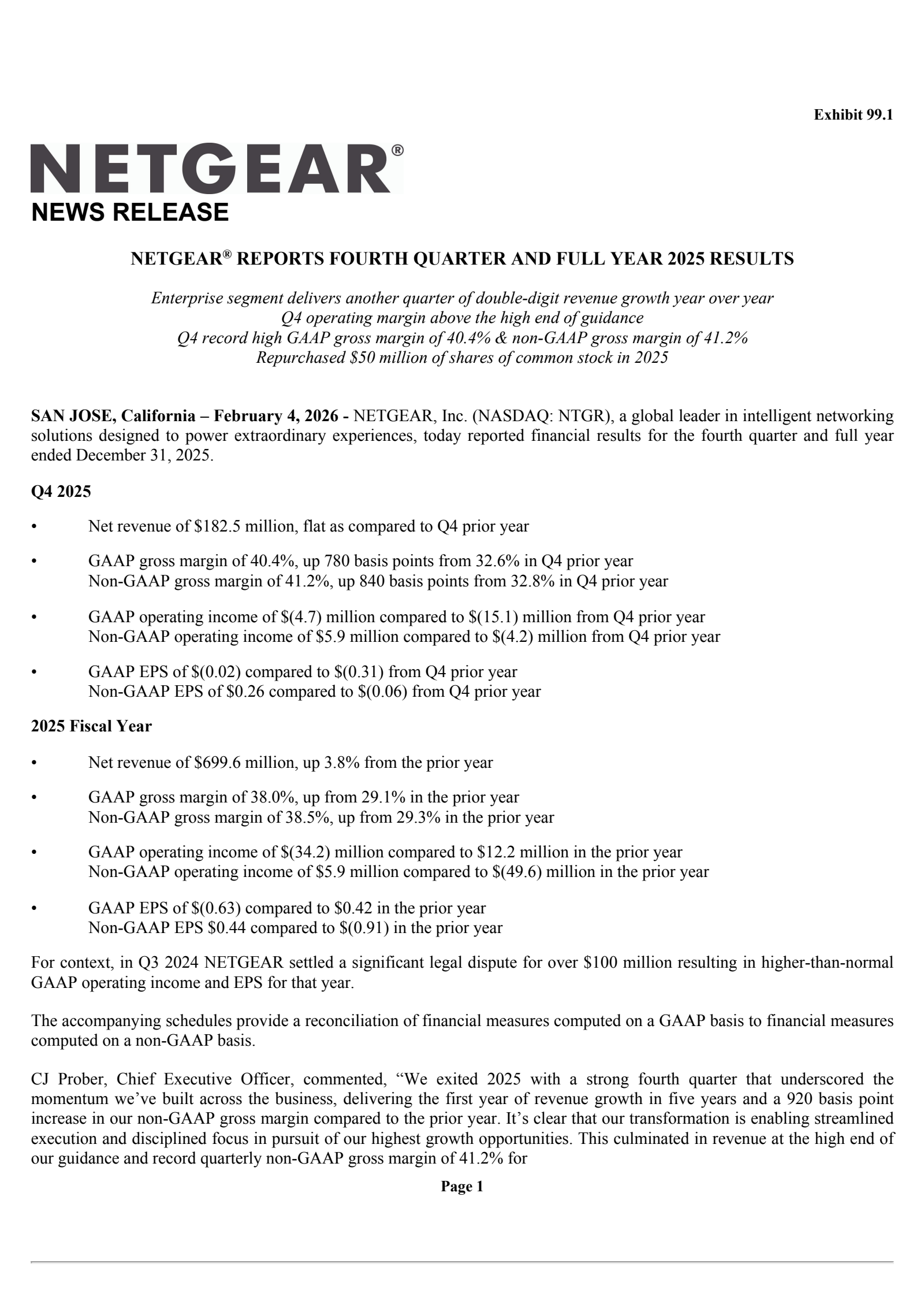 NETGEAR's Q4 2025 Press Release